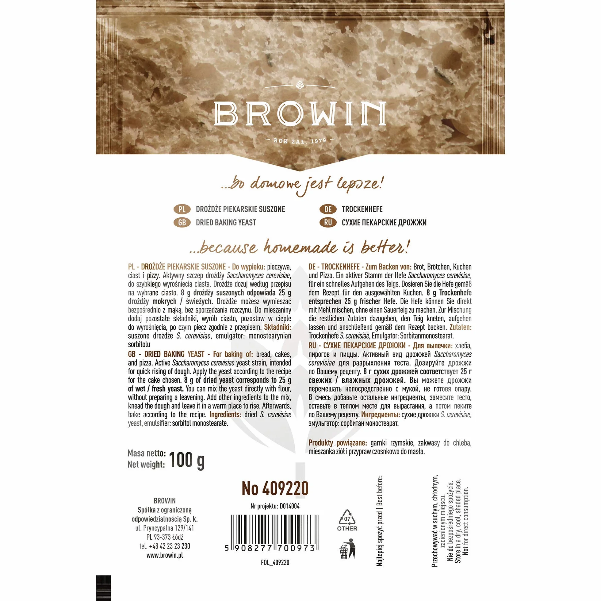 Browin Drożdże suszone 100 g do ciast, chleba, pizzy