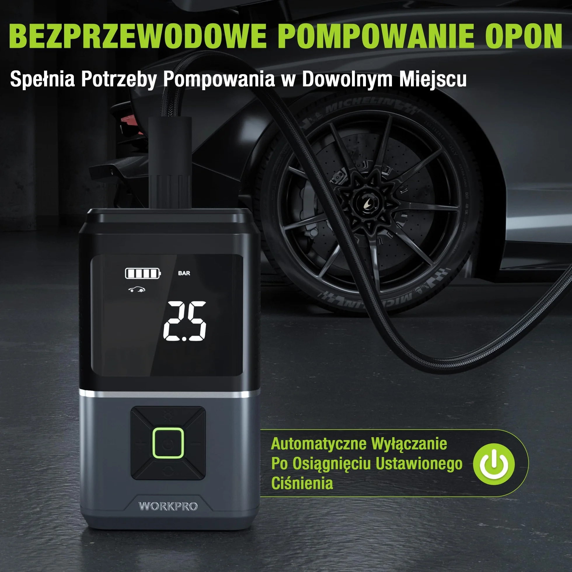 WORKPRO Bezprzewodowa sprężarka powietrza, 2500 mAh, 7,2 V, przenośna sprężarka powietrza z 4 trybami, 150 PSI, inteligentny cyfrowy wyświetlacz LED, SOS do samochodu, motocykla, piłki, rowerów