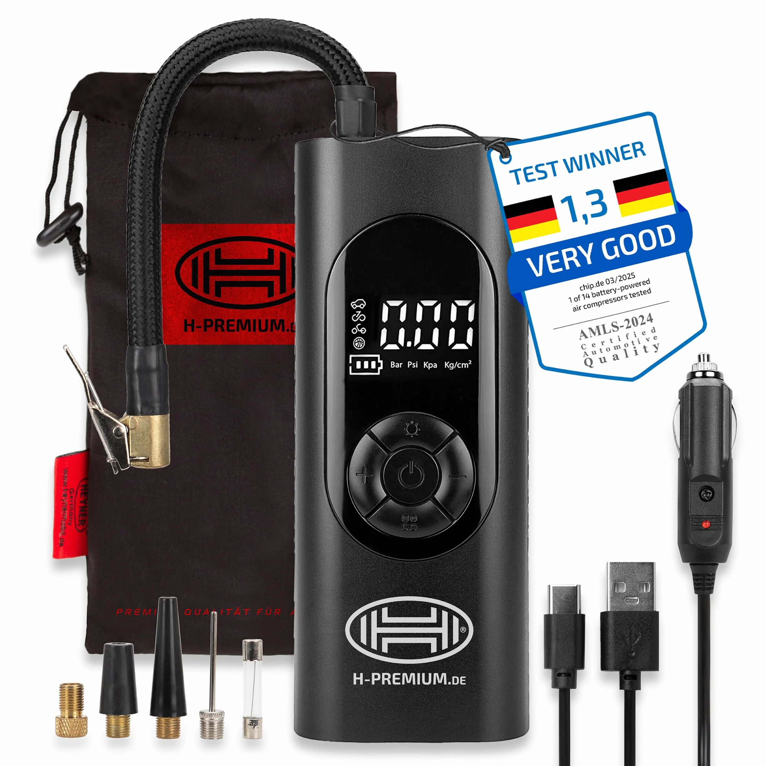 HEYNER® Kompresor z akumulatorem cyfrowym 6000 mAh, sprężarka powietrza 10 bar z funkcją automatycznego zatrzymania, wyświetlaczem LCD, oświetleniem LED, sygnałem SOS i powerbankiem, do samochodu,
