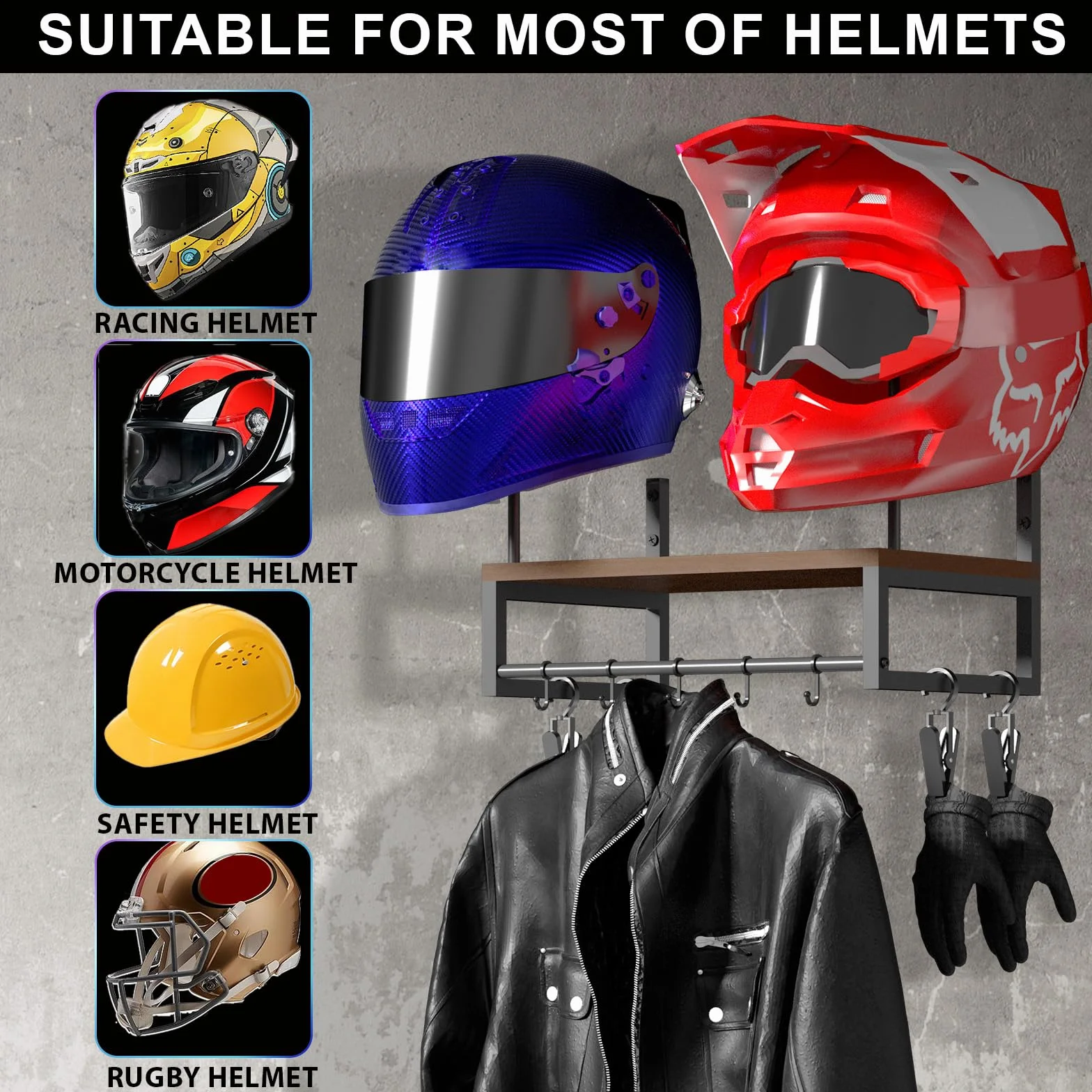 Uchwyt ścienny kask motocyklowy, uchwyt ścienny w stylu retro, organizer ekspozycyjny z akcesoriami motocyklowymi z 2 stojaki na kask taktyczny, do piłki nożnej i sprzętu rowerowego