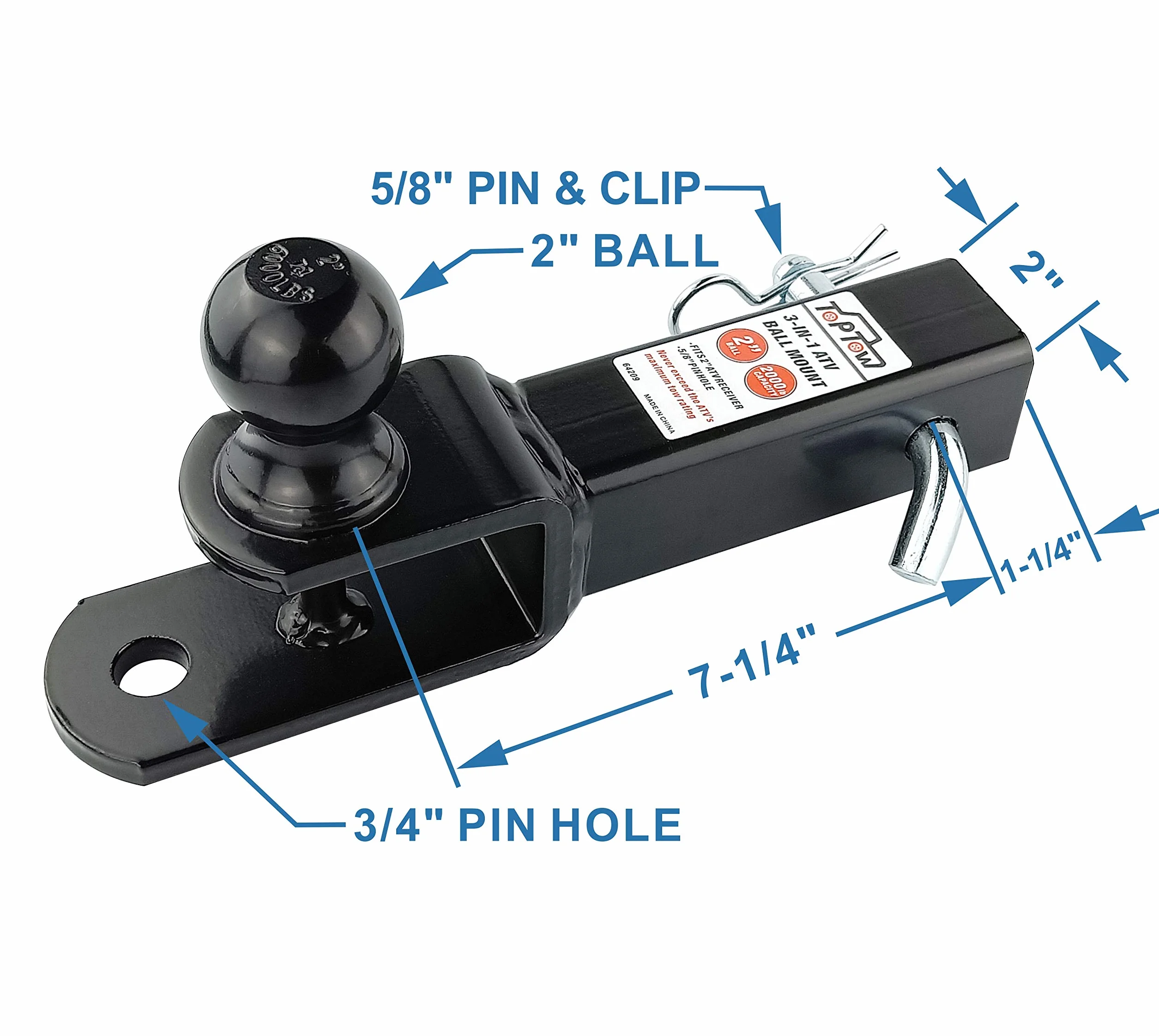 TOPTOW Zaczepy kulowe haka holowniczego ATV/UTV, kula 5 cm, połączenie stworzeniowe, pasuje do gniazda haka 5 cm