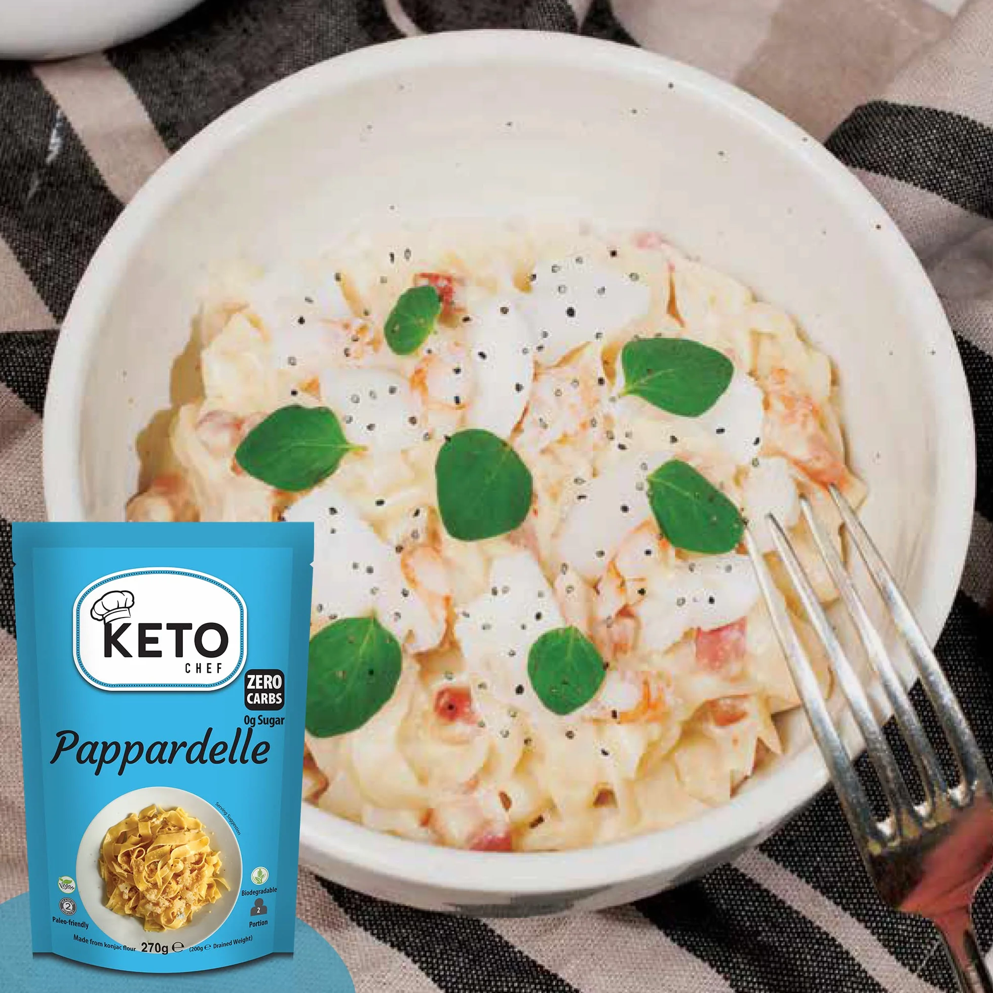 Keto Chef Konjac Pappardelle Pasta (1 x 270 g) makaron instant z włókna owsianego Shirataki, niskowęglowodanowy, bezglutenowy i bez cukru, wegański, gotowy do spożycia alternatywa, przyjazny dla diety