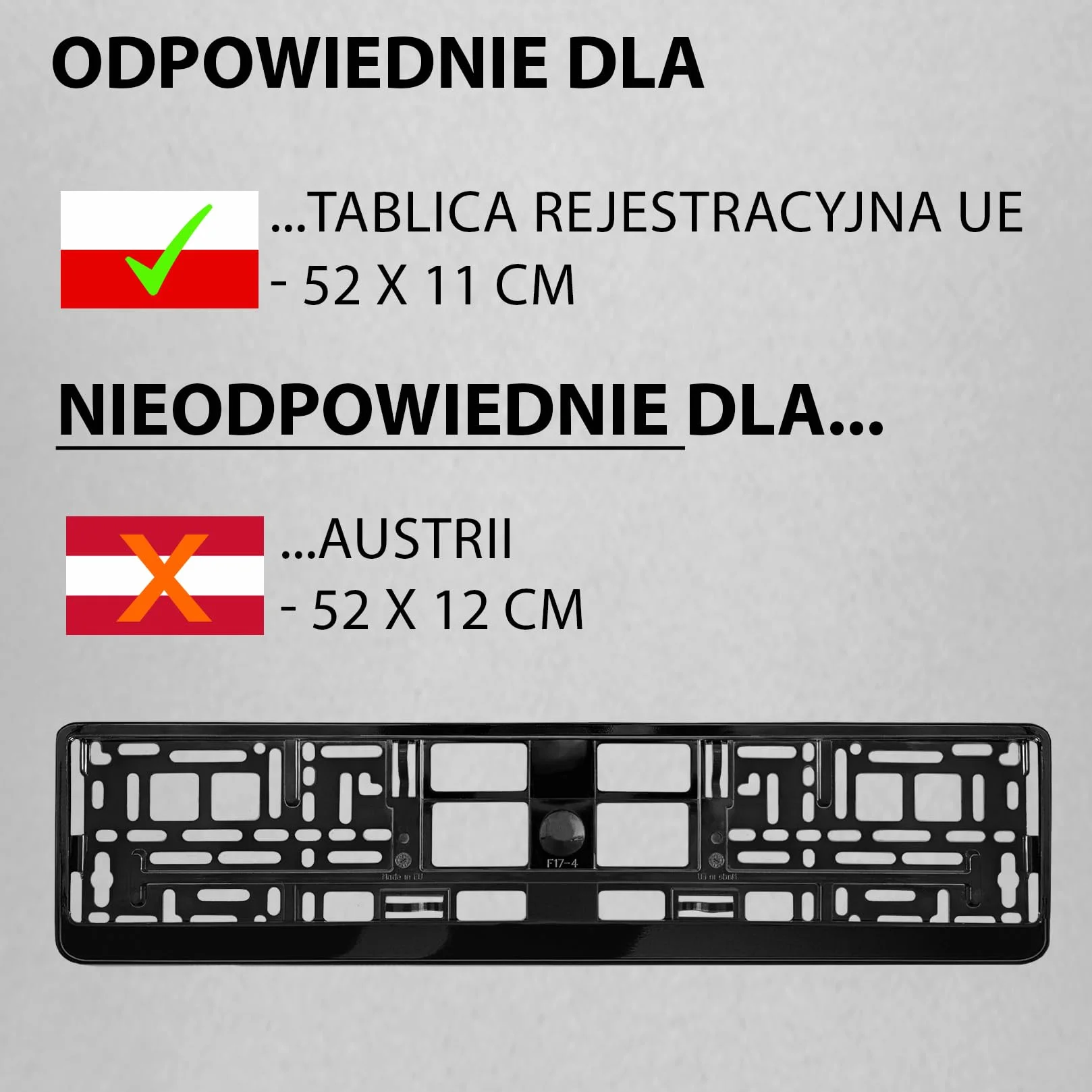 2x Uchwyt tablicy rejestracyjnej - trwały i bezpieczny - 8 śrub - czarny połysk - 520x110 mm - Ramka do tablic rejestracyjnych - pasuje do każdego samochodu - dla polskich tablic PL - uniwersalny