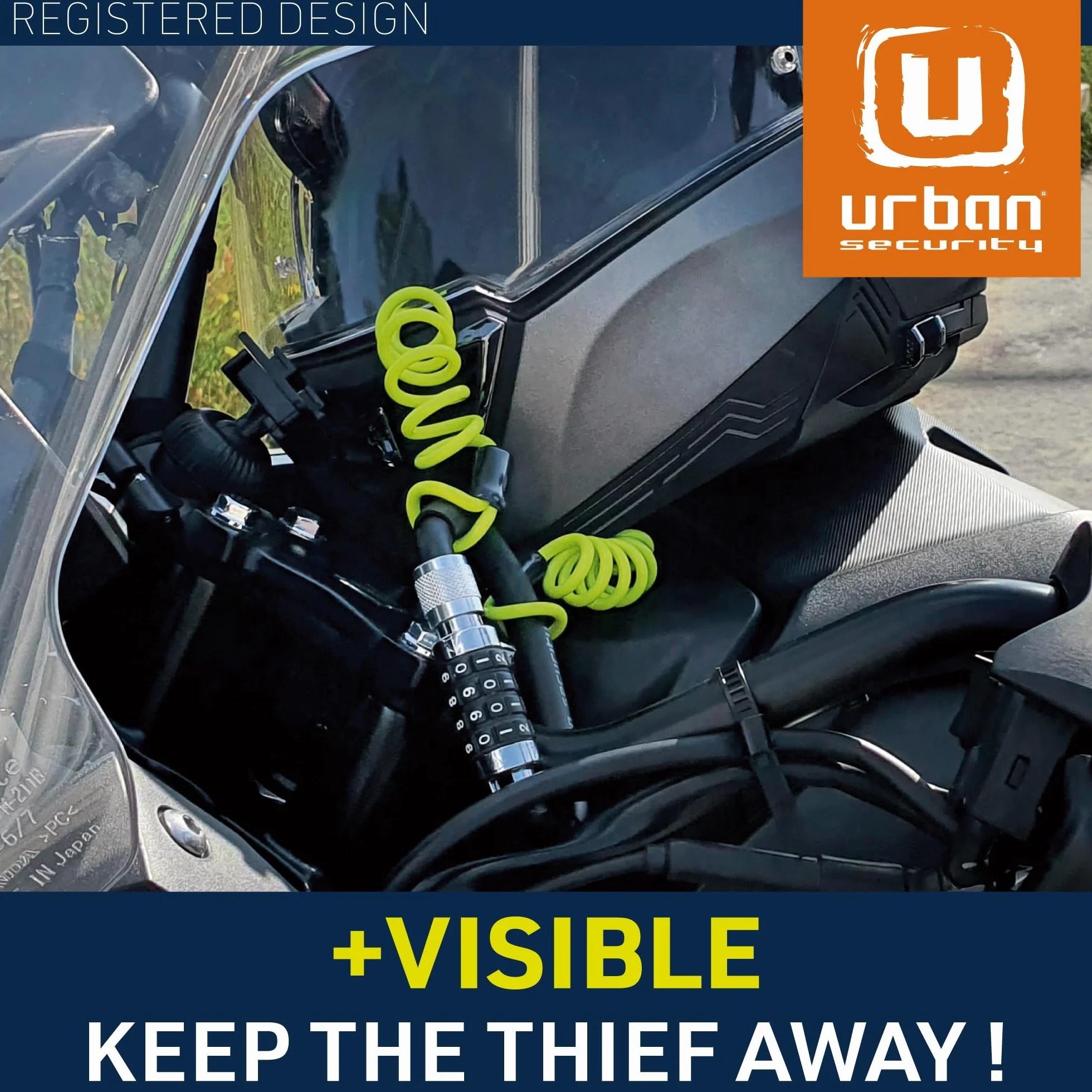 URBAN UR140 Kłódka do Kasku Motocyklowego z Kodem Zabezpieczającym, Stalowa Linka + Adapter