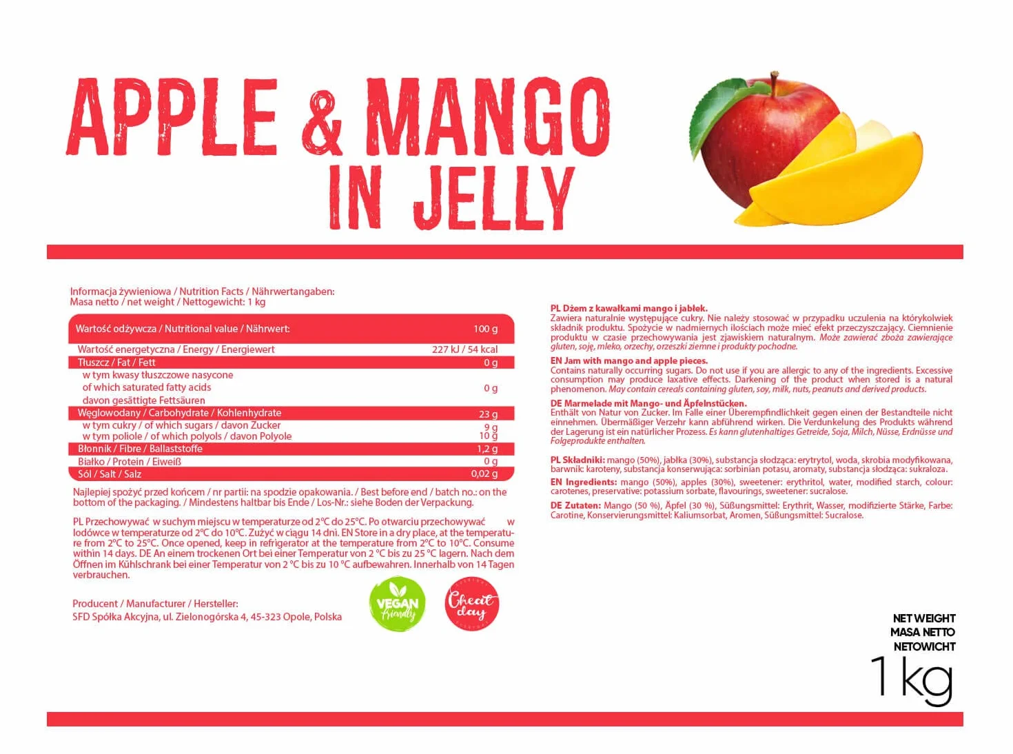 ALLNUTRITION Frulove In Jelly Jabłko i Mango w Żelu Bez Cukru - Niskokaloryczna Frużelina z 80% Owoców - Zdrowy Zamiennik Dżemu - Produkt Wegański - 1000g
