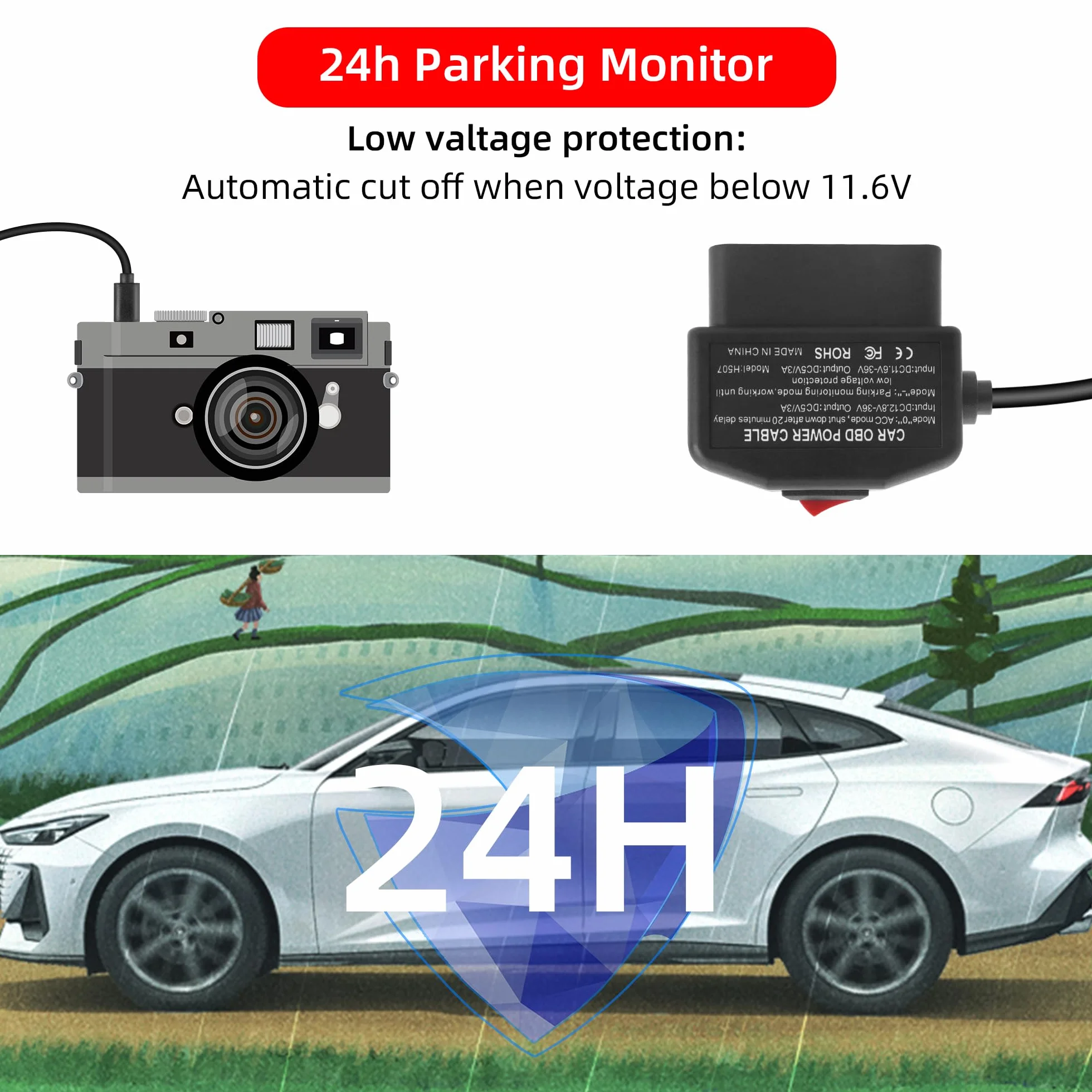 Kabel zasilający OBD do kamery na desce rozdzielczej, adapter przewodowy micro USB na OBD-II ze złączem przycisku przełącznika tryb monitora/tryb ACC (11,5 stóp/3,5 m)