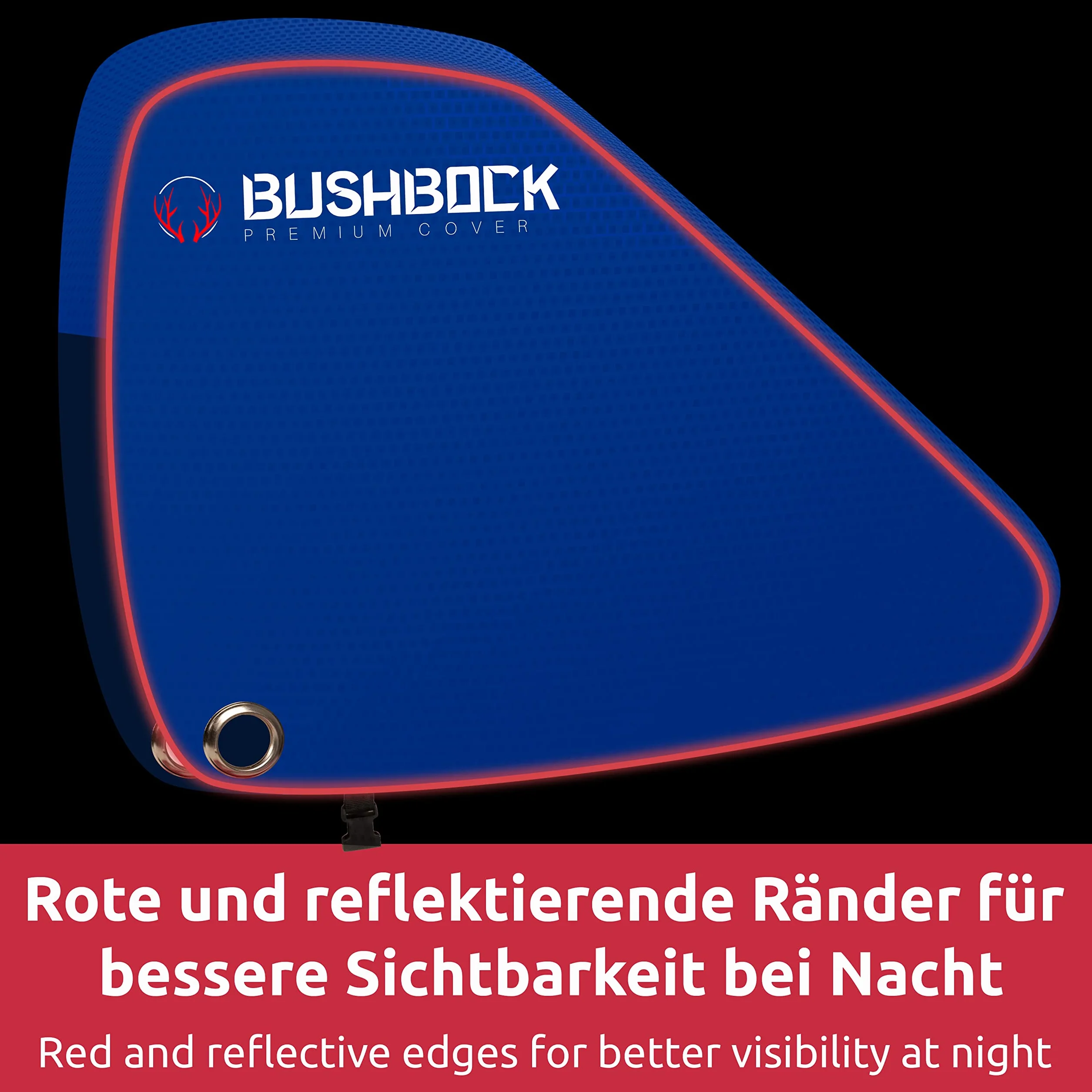 BUSHBOCK® Osłona na dyszel premium z materiału Oxford 600D z powłoką PU i reflektorami. Uniwersalna osłona dyszla - również do przyczep kempingowych/przyczep ze sprzęgłem zapobiegającym i zamkiem skrzynkowym (niebieska)
