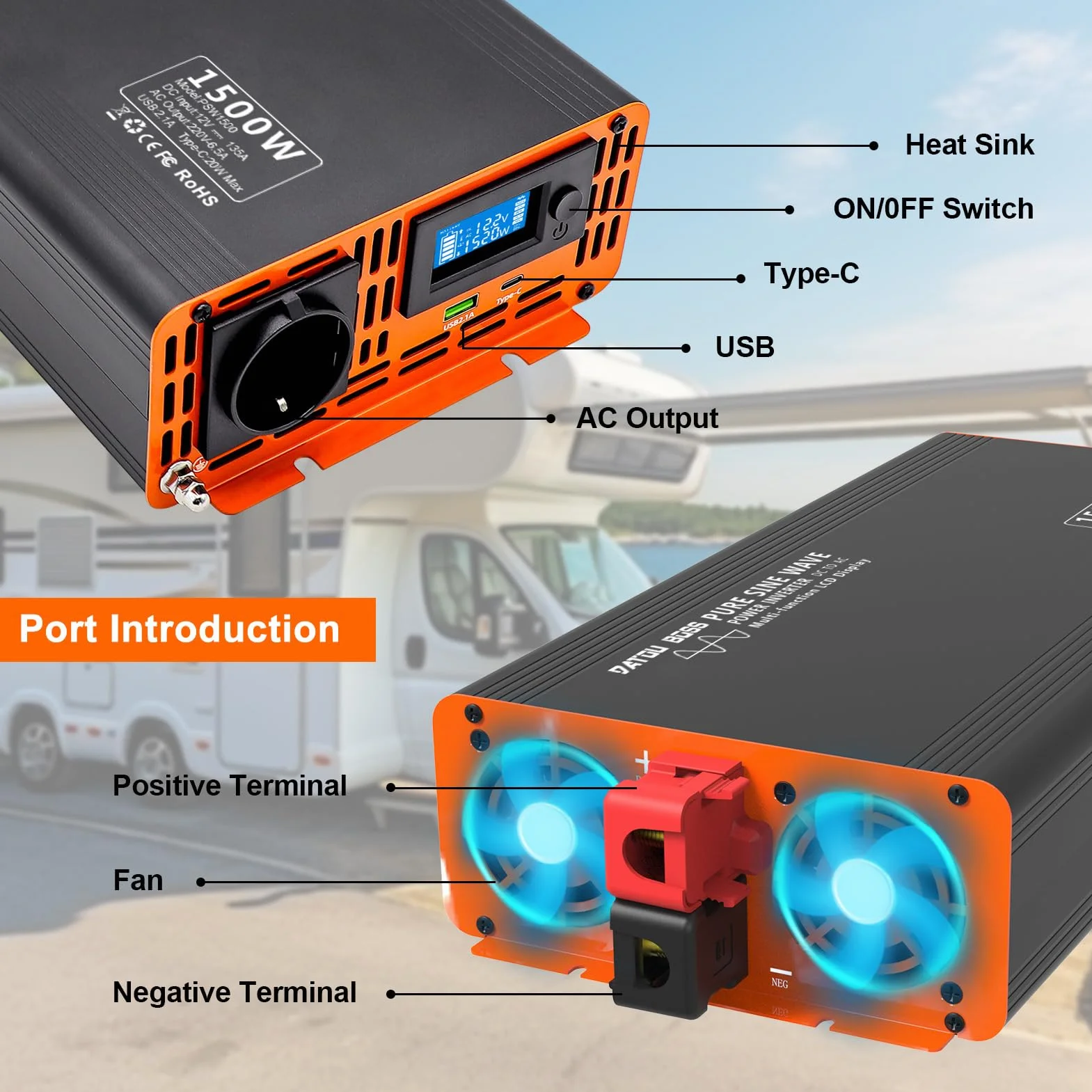 DATOUBOSS Falownik Czysty Sinus 1500W DC 12V na AC 230V Przetwornica Napięcia, z ekranem LCD & Pilotem Zdalnego Sterowania USB & Type-c pilot &1 x Gniazda AC do Przyczep Kempingowych