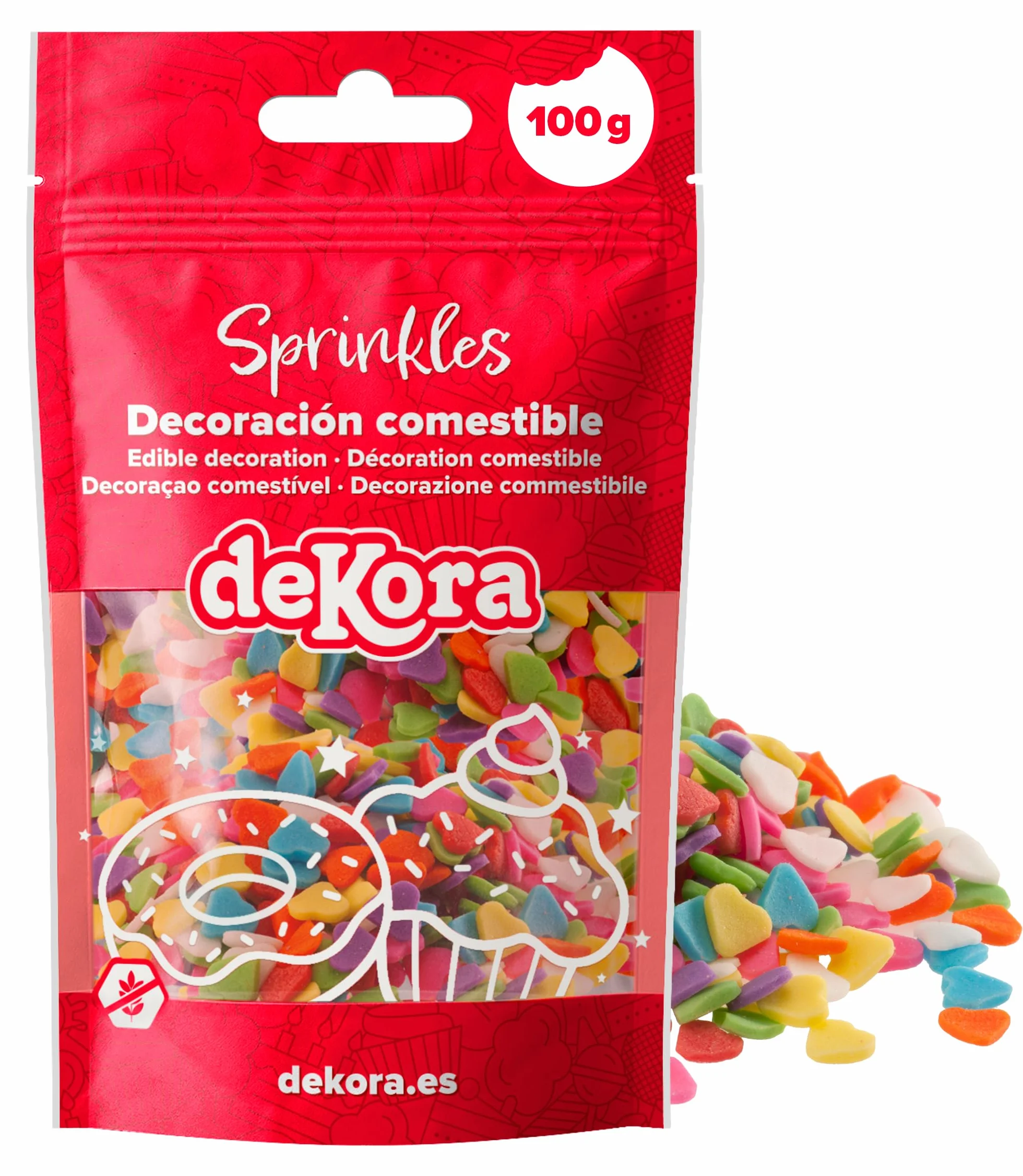 dekora - Sprinkles cukrowe serduszka wielokolorowe, 100 g – posypka do dekoracji tortu, babeczek i deserów – na Walentynki i urodziny