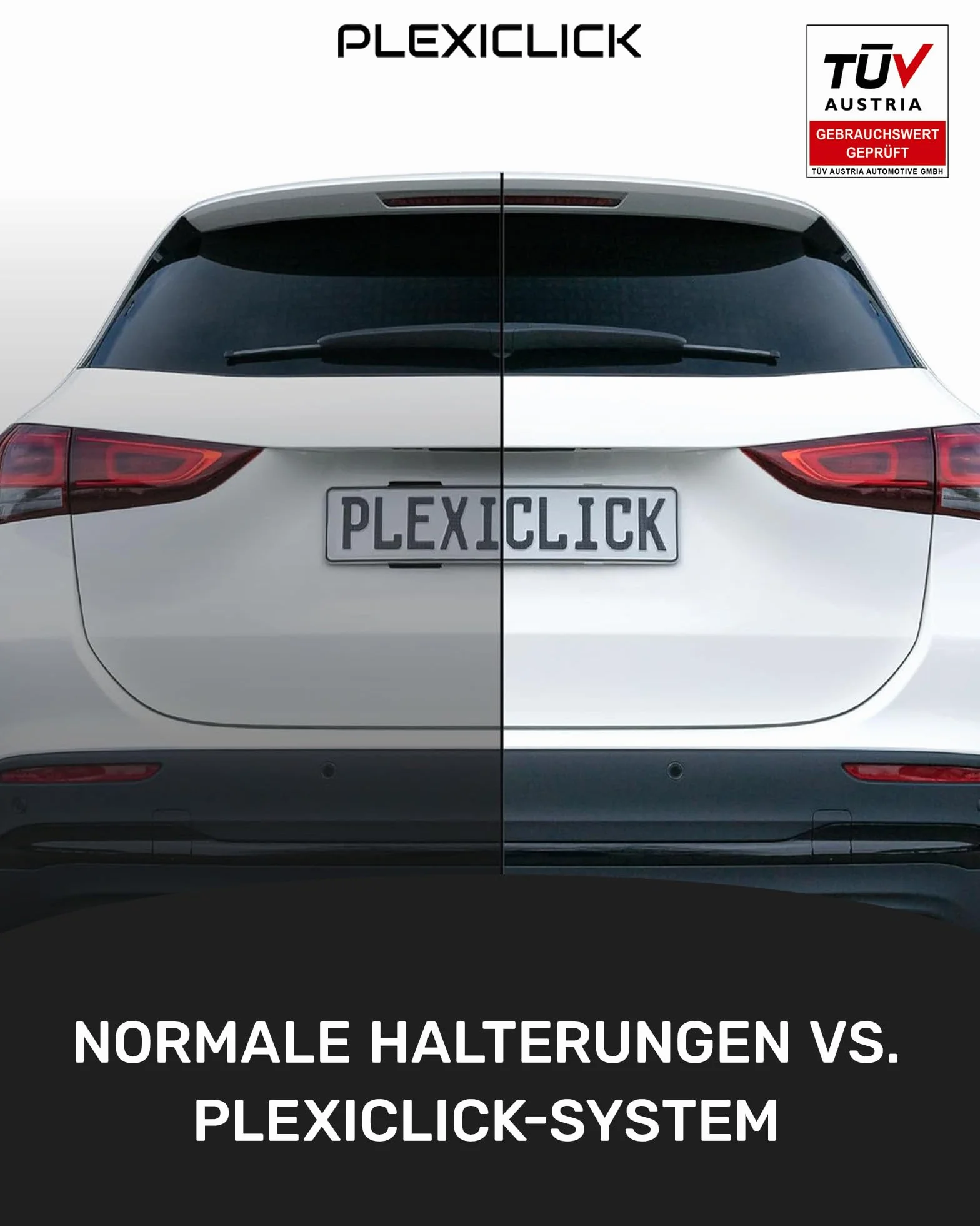 PLEXICLICK® Uchwyt tablicy rejestracyjnej, bez ramy, niewidoczny uchwyt tablicy rejestracyjnej, do pielęgnacji pojazdu, wyłącznie do niemieckich tablic rejestracyjnych