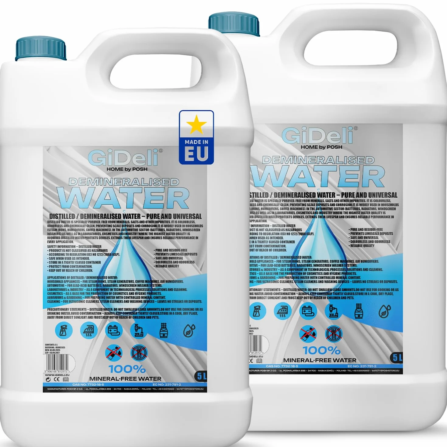 GiDeli Woda demineralizowana 2 x 5L Woda destylowana do żelazka, baterii, chłodnic, nawilżaczy, akwarium i laboratorium Woda bez wapnia, bezzapachowa, klarowna
