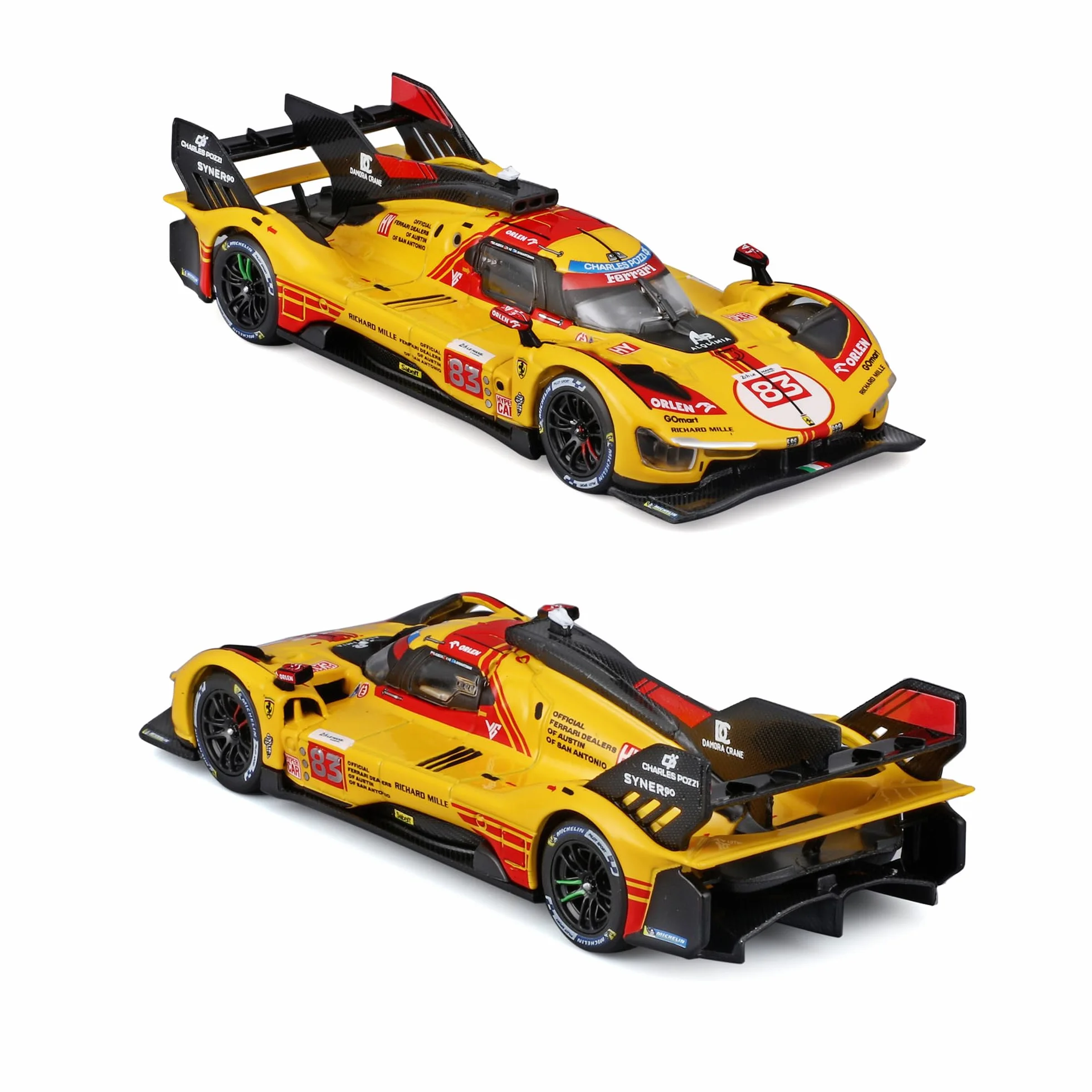 Bburago - Ferrari 499P 24H LMH Hypercar 2024#83, samochód diecast w skali 1:43, szczegółowa replika AF Corse dla Le Mans, oficjalna licencja Ferrari, zalecany wiek 14+ lat