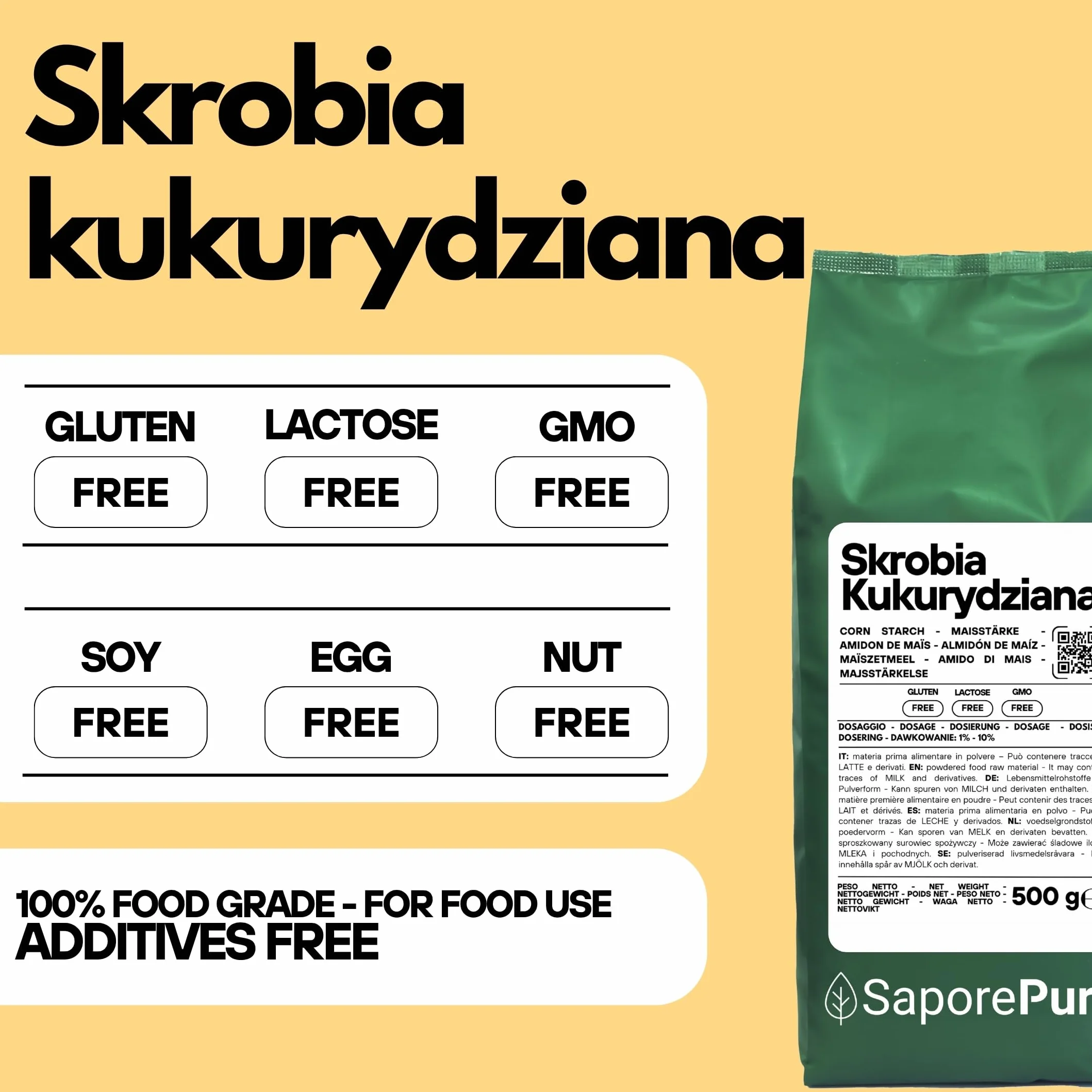 SaporePuro Naturalna Skrobia Kukurydziana 500 g – Naturalny Zagęstnik do Deserów, Kremów i Sosów – Bezglutenowy i Wegański