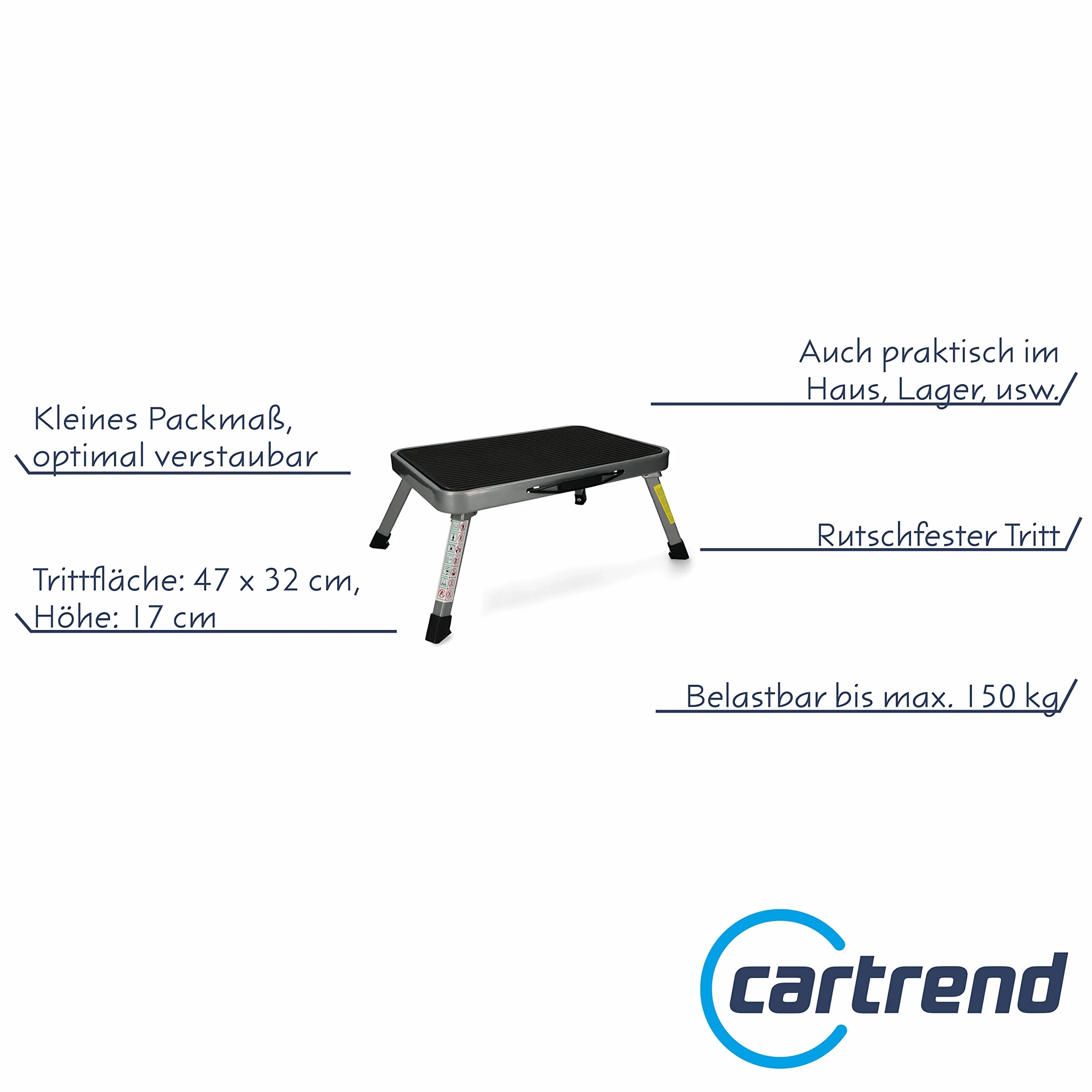 Cartrend 10167 jednostopniowy składany podnóżek do przyczepy kempingowej, autobusu, przyczepy kempingowej, do 150 kg, 47 x 26 cm, wysokość: 17 cm, czarny