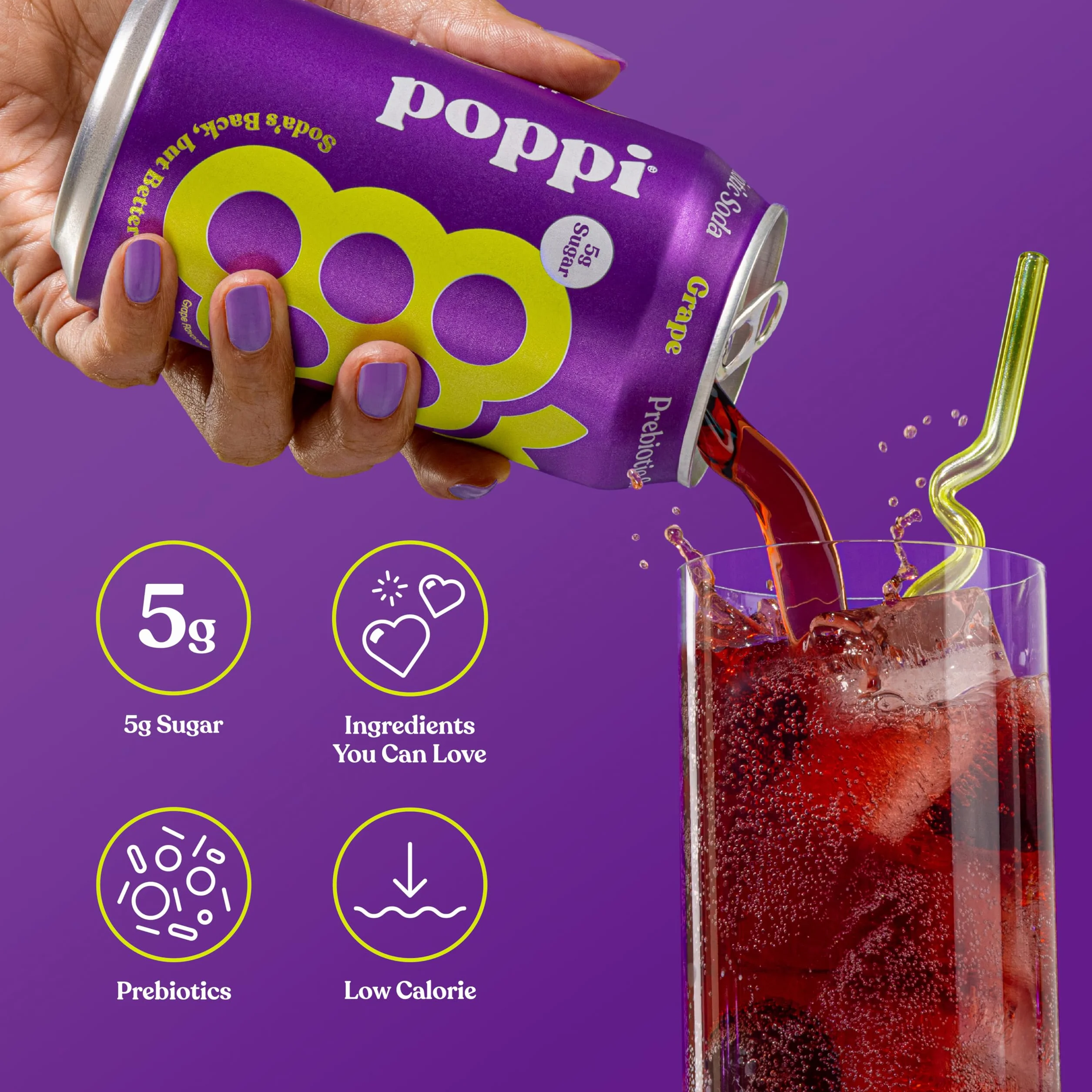 POPPI Sparkling Prebiotic Grape Soda w/Gut Health & Immunity Benefits, Beverages made with Apple Cider Vinegar, Seltzer Water & Fruit Juice, Low Calorie & Low Sugar Drinks, 12oz (12 Pack)