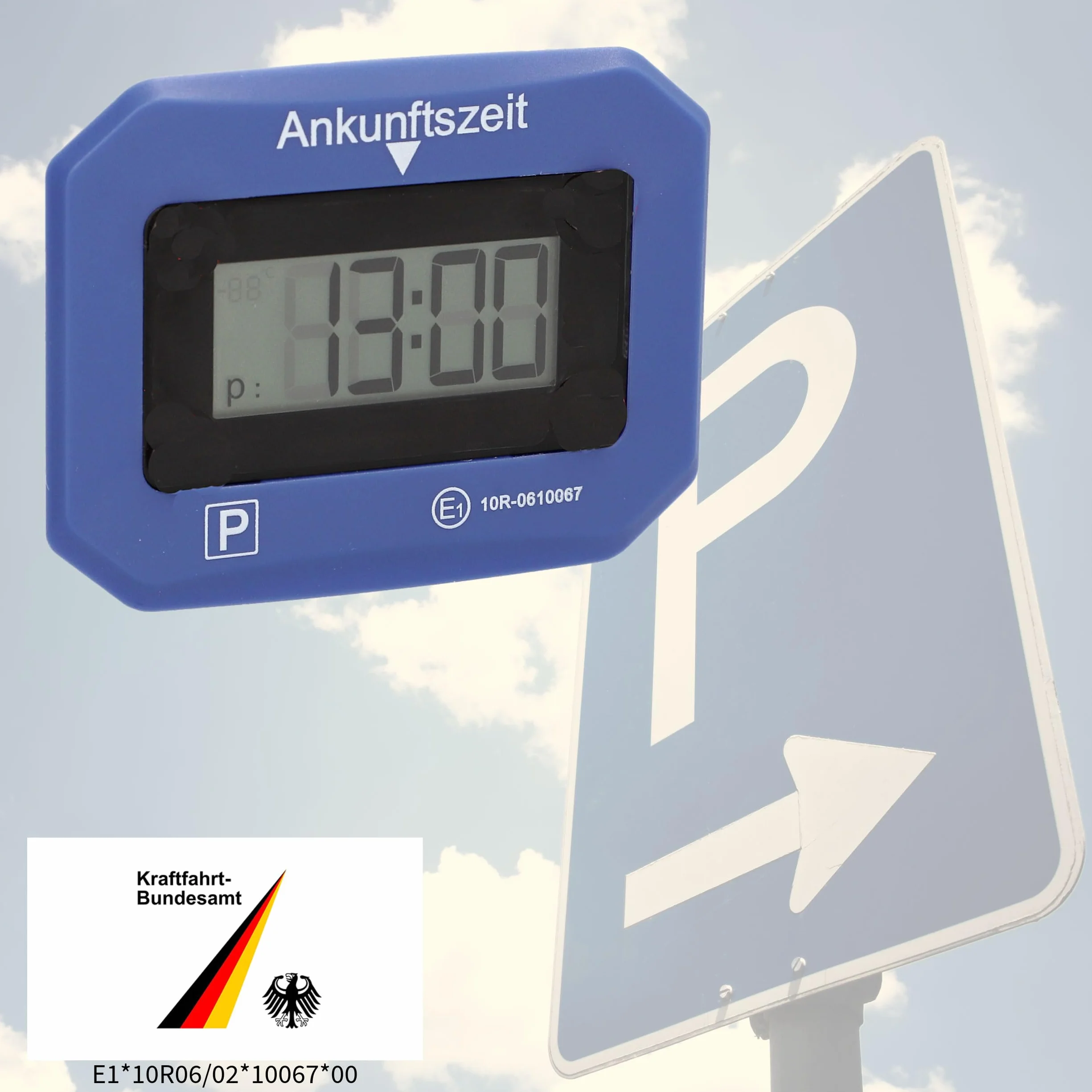 cartrend Cyfrowy zegar parkingowy do samochodu, elektroniczna tarcza parkingowa z dopuszczeniem KBA (kod typu pojazdu), automatyczny czas przybycia, z wyświetlaczem, niezawodny, łącznie z baterią i