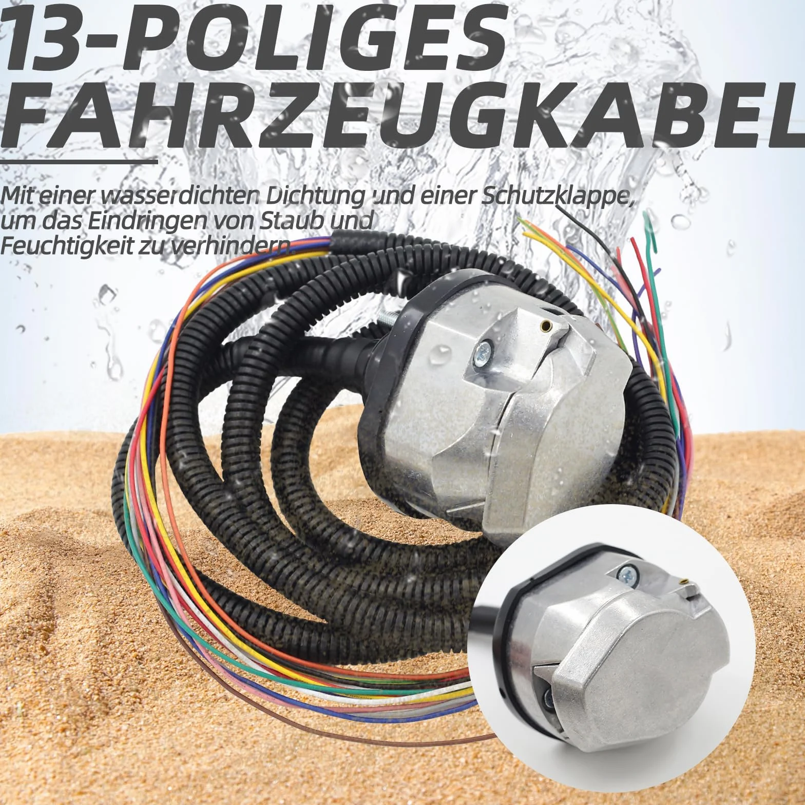 13-biegunowa wtyczka do przyczepy z kablem o długości 2 m, adapter do przyczepy i przedłużacz, gniazdo do przyczepy z metalową pokrywą, wodoszczelne, pasuje do przyczep kempingowych, kamperów