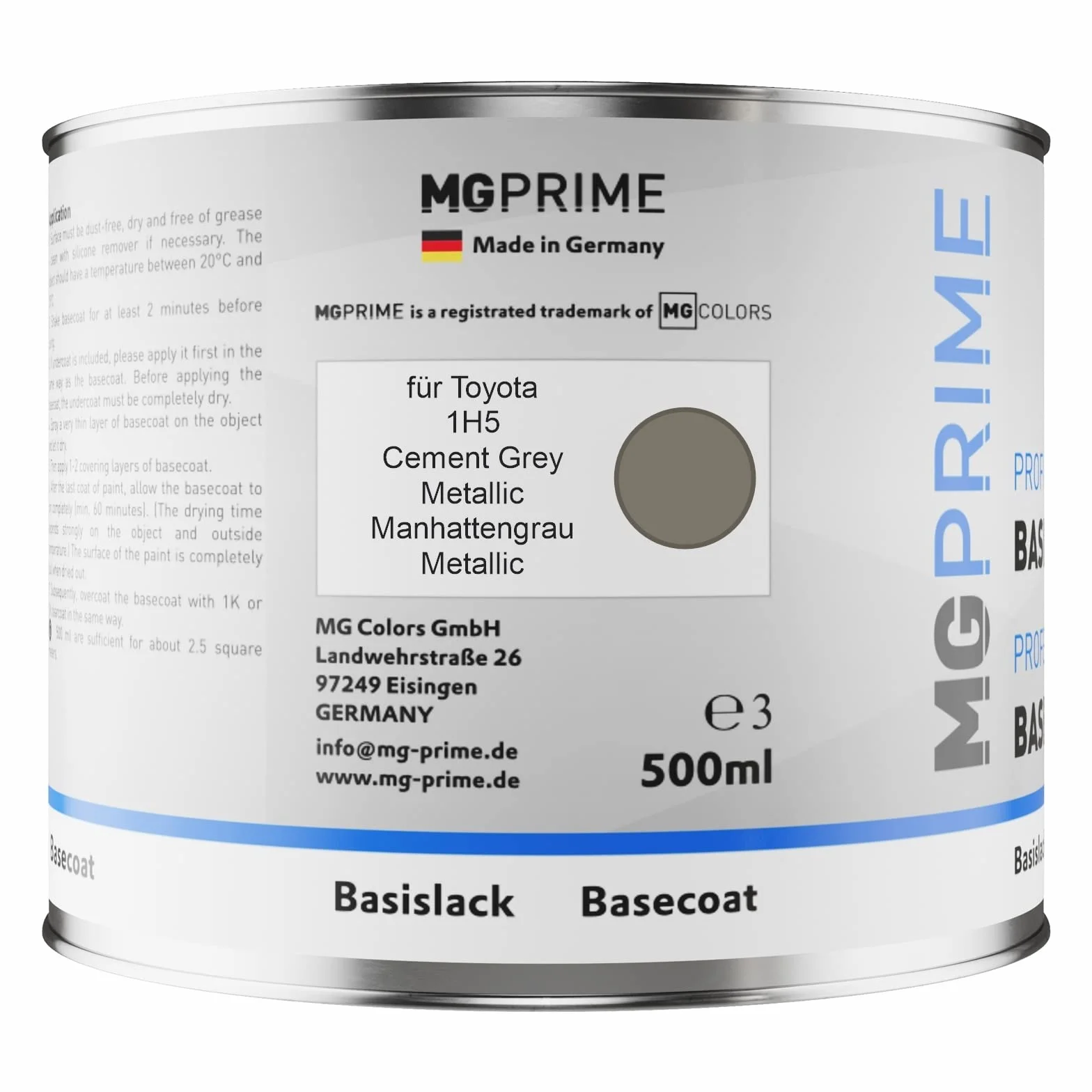 MG PRIME Lakier samochodowy Zestaw puszka gotowa do natrysku dla Toyota 1H5 Cement Grey Metallic/Manhattengrau Metallic lakier bazowy + lakier bezbarwny 2K 1,25L