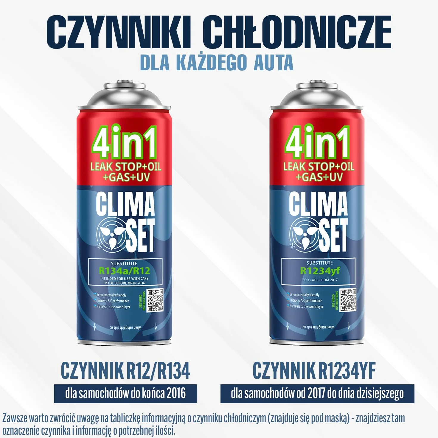 CLIMASET Zamiennik czynnika chłodniczego R134a 4in1 do samochodów 1994-2016 z przewodem i lampą UV