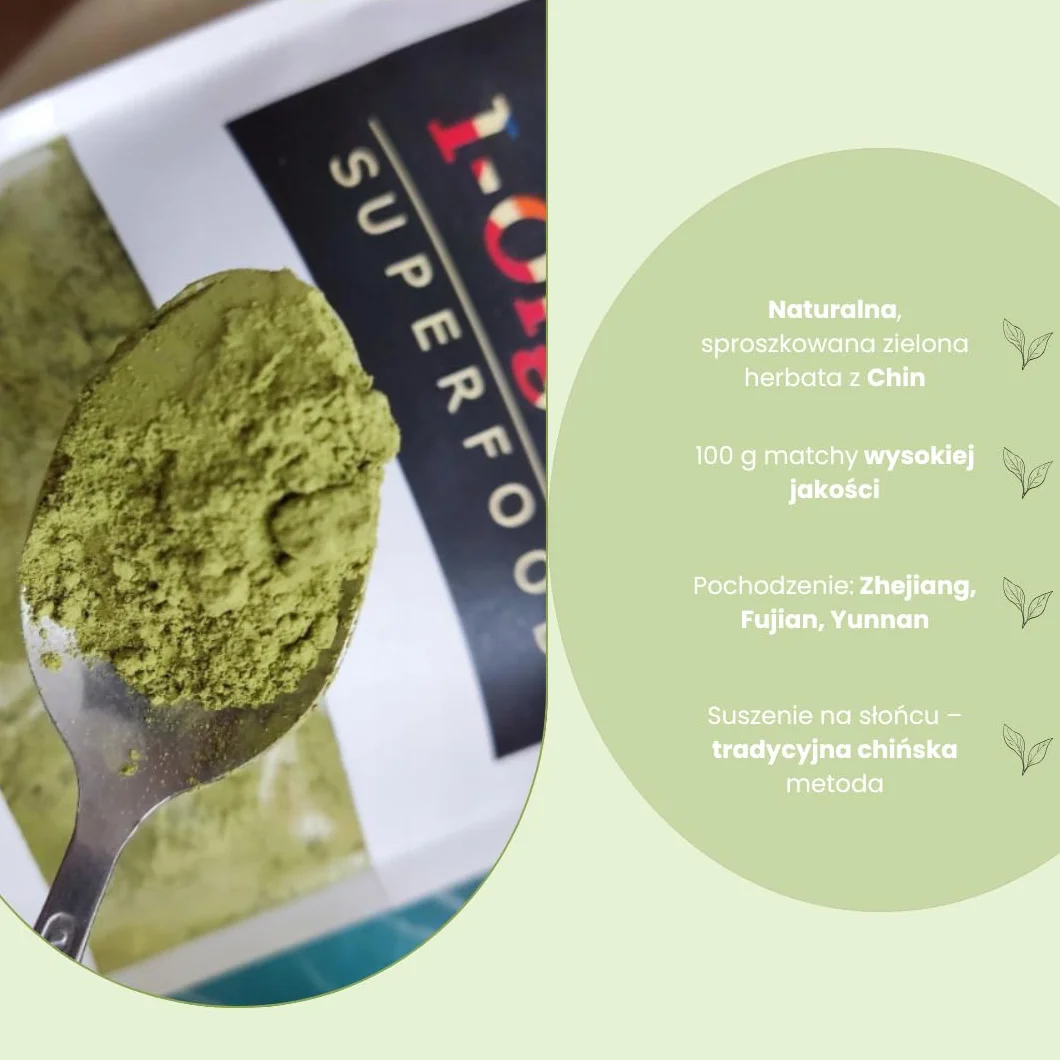 I-Organic Organiczna chińska matcha 100g, Zielona herbata w proszku, Bogata w antyoksydanty L-teaninę kofeinę, Wspomaga metabolizm, Poprawia koncentrację i poziom energii