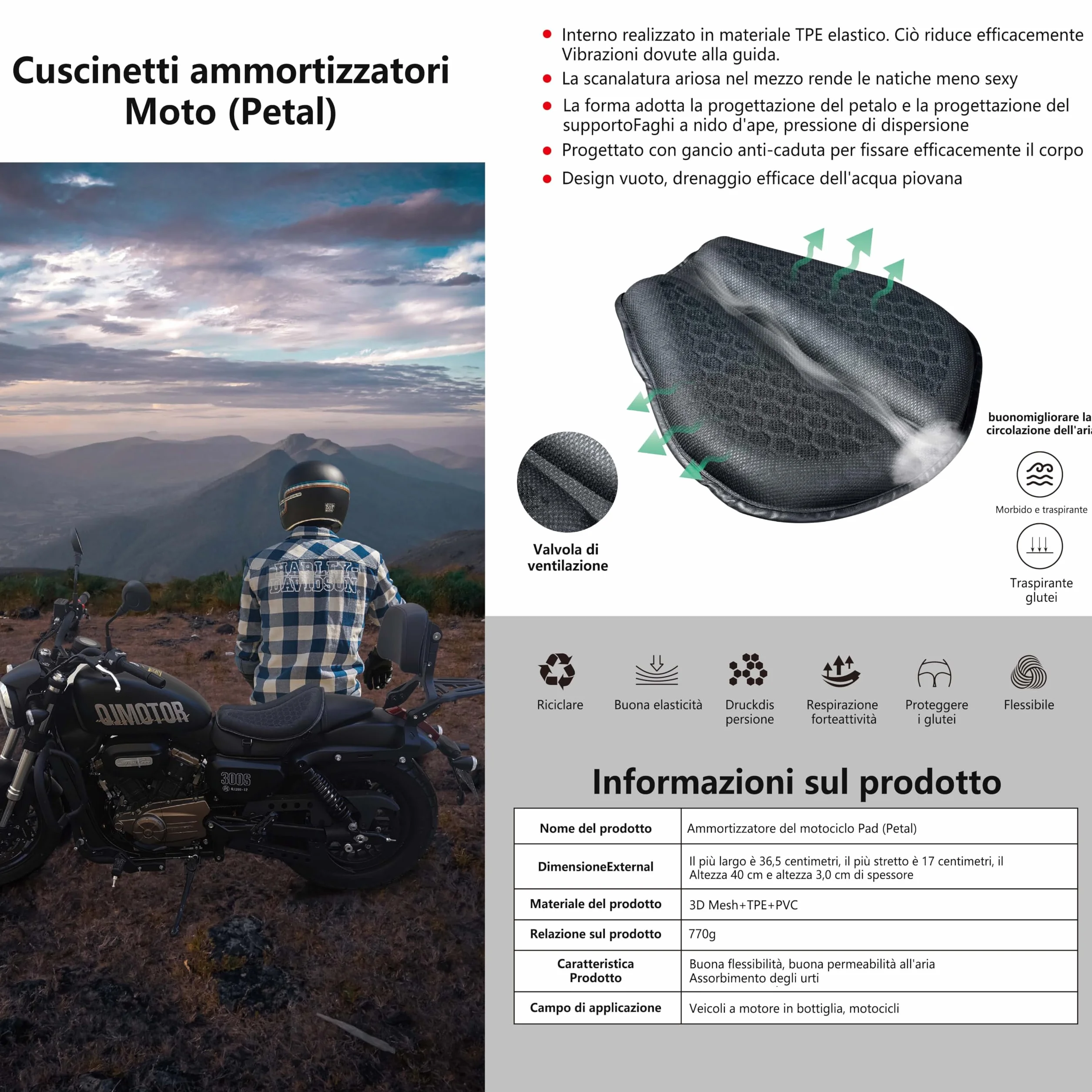 Składana żelowa poduszka na siedzenie motocyklowe, pokrowiec na siedzenie motocyklowe, duża struktura plastra miodu 3D, amortyzacja wstrząsów, oddychająca podkładka na siedzenie na długie