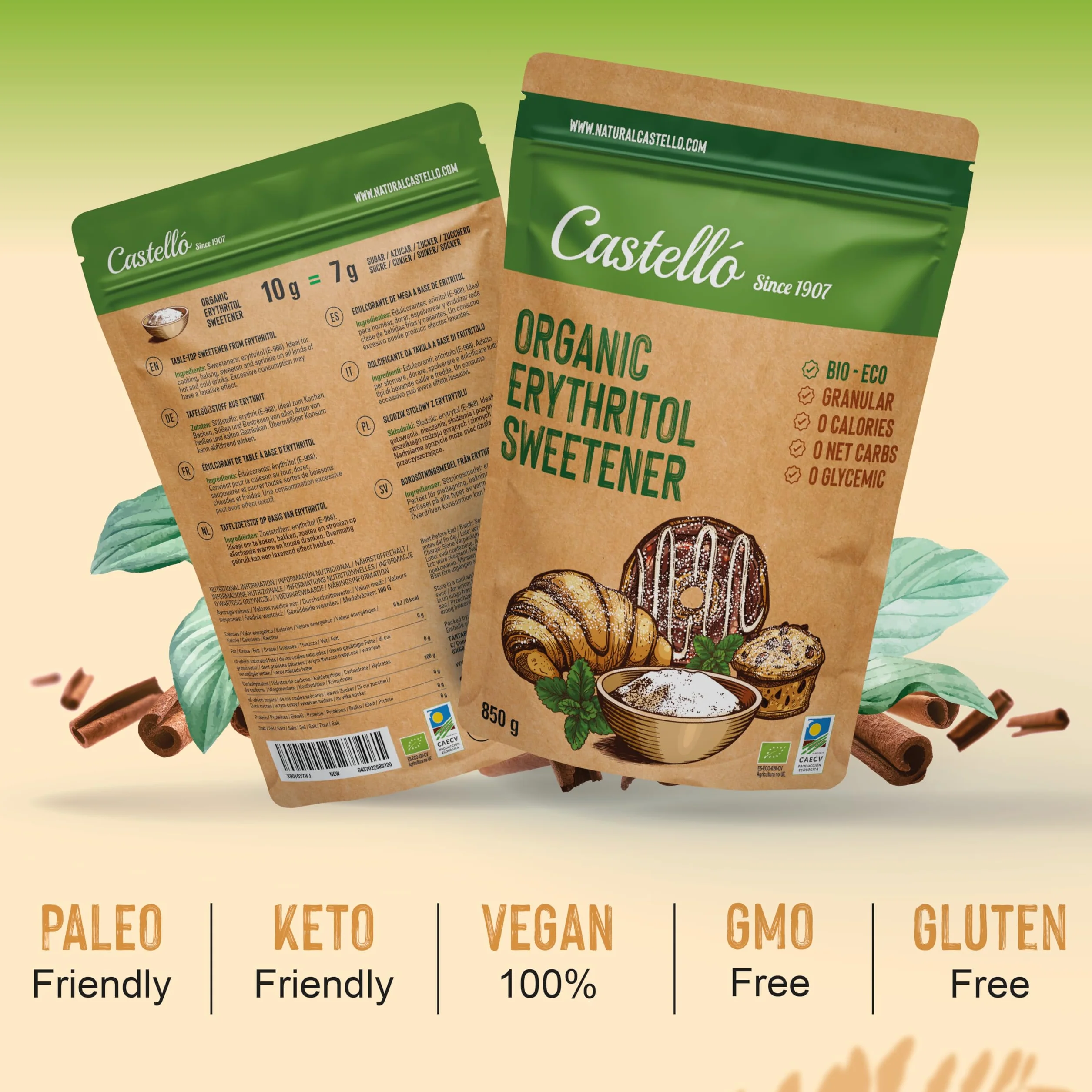 Słodzik z erytrytol Bio Organiczny Ekologiczny | 10g = 7g cukru | Zamiennik cukru - 0 Kalorii - 0 Indeks Glikemiczny - Keto i Paleo - 0 Węglowodanów Netto - Bez GMO - Castello since 1907-850 g