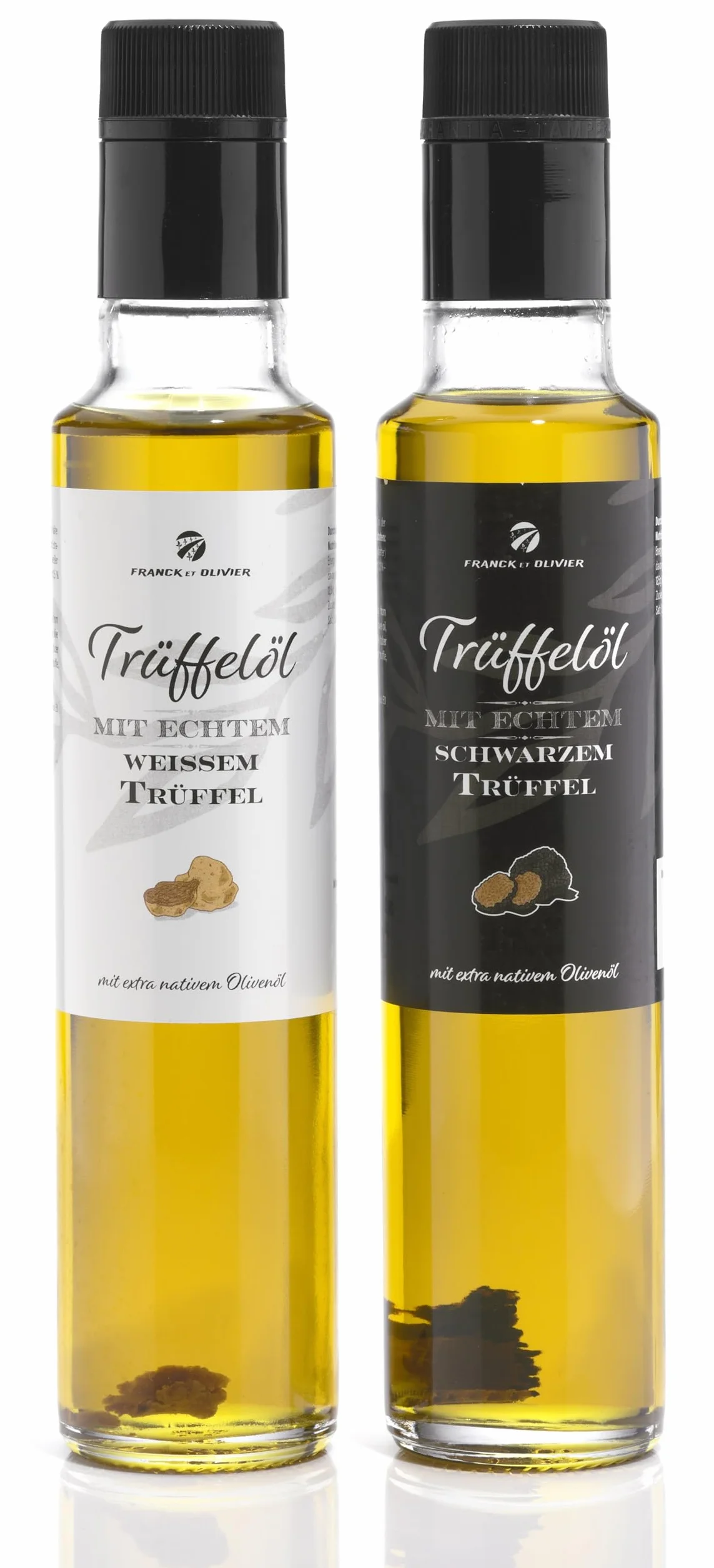 Zestaw kulinarnego oleju truflowego (2 x 250 ml) z prawdziwym czarnym i białym truflem. Z czystego oliwy z oliwek. Do sosów i doprawianiu potraw. Odpowiedni dla diety wegańskiej i bezglutenowej