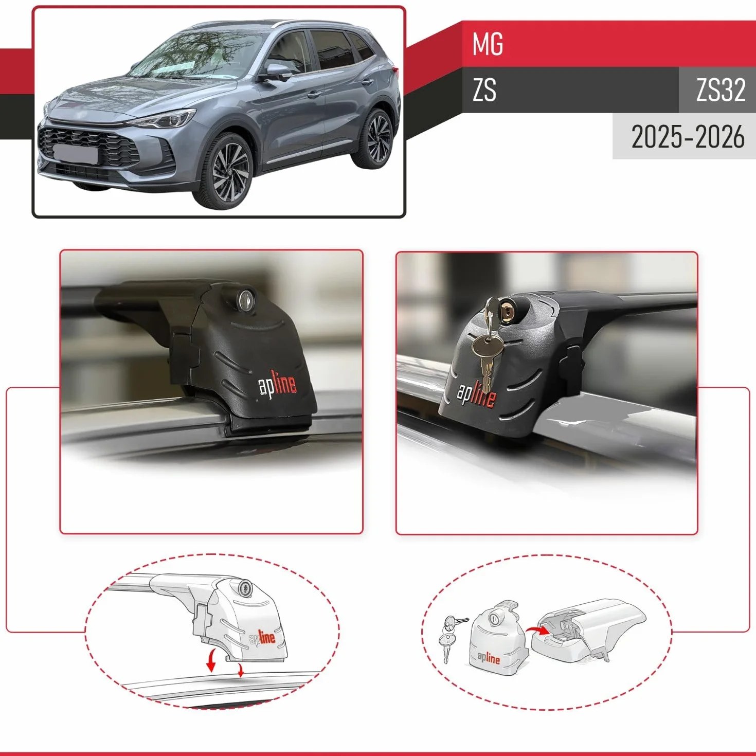 Kompatybilny z MG ZS 2025-2026 ACE-2 bagażnik dachowy, bagażnik na reling, bagażnik samochodowy, czarny, aluminium, 2 pręty