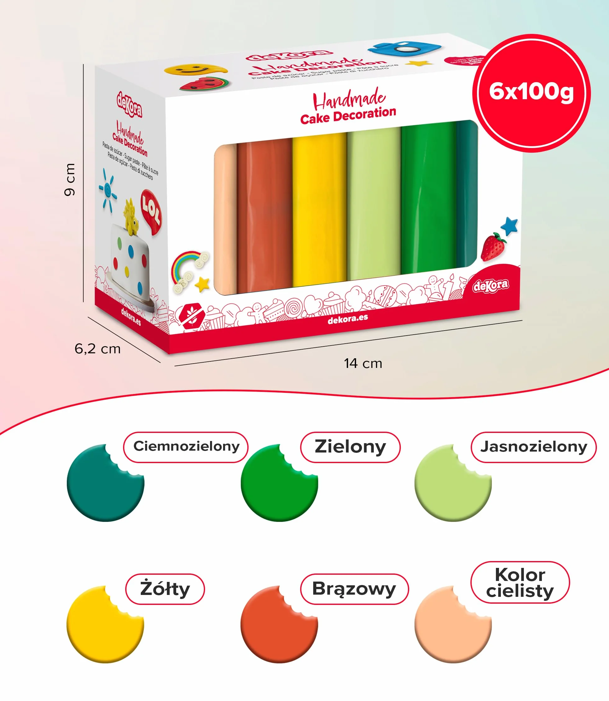 dekora – Masa cukrowa kolorowa Zestaw 6 kolorów - Fondant do tortów, elastyczna i łatwa w użyciu - Bez glutenu, Halal, Koszerna 600 g