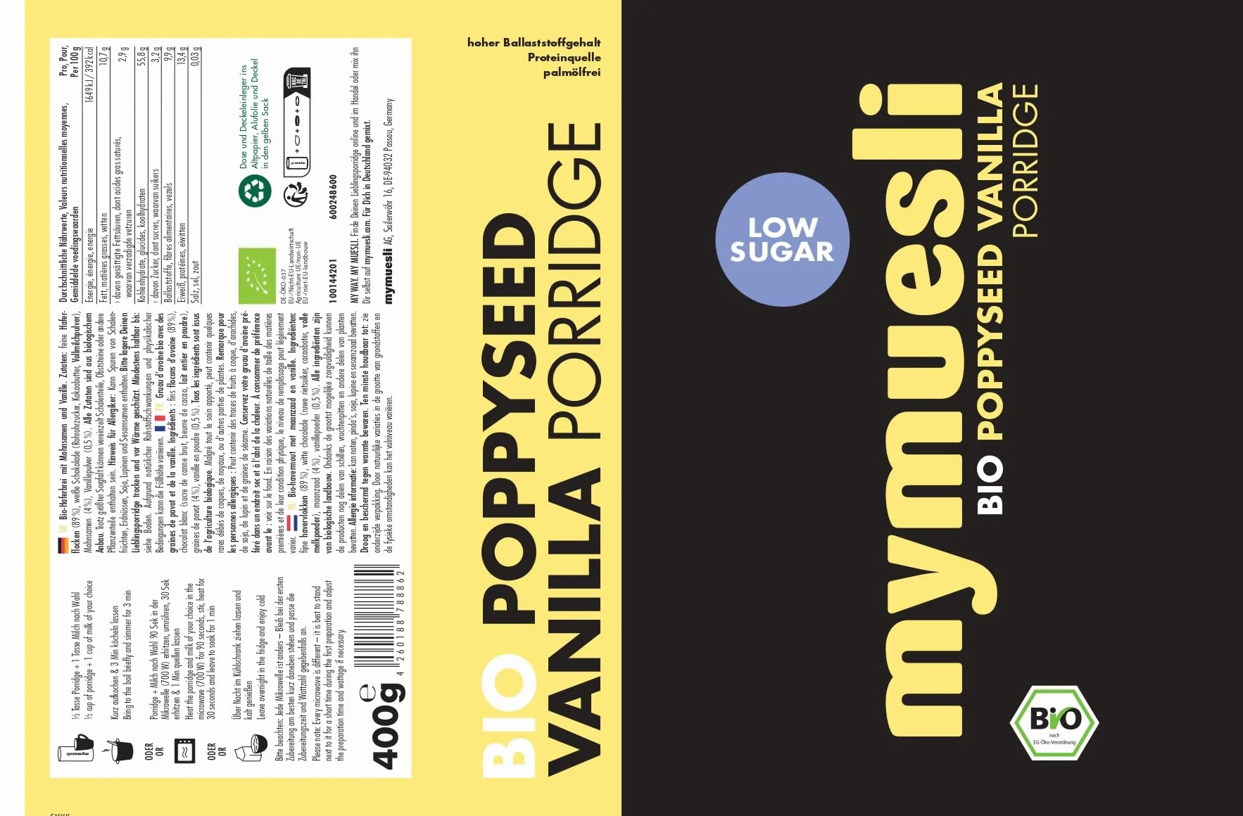 Mymuesli puszka owsianka 6 x 400 g z sernikiem jagodowym, Classic Pur, Wildberry Chia, Mak waniliowy, Choco Banana, Chrupiący cynamon jabłkowy
