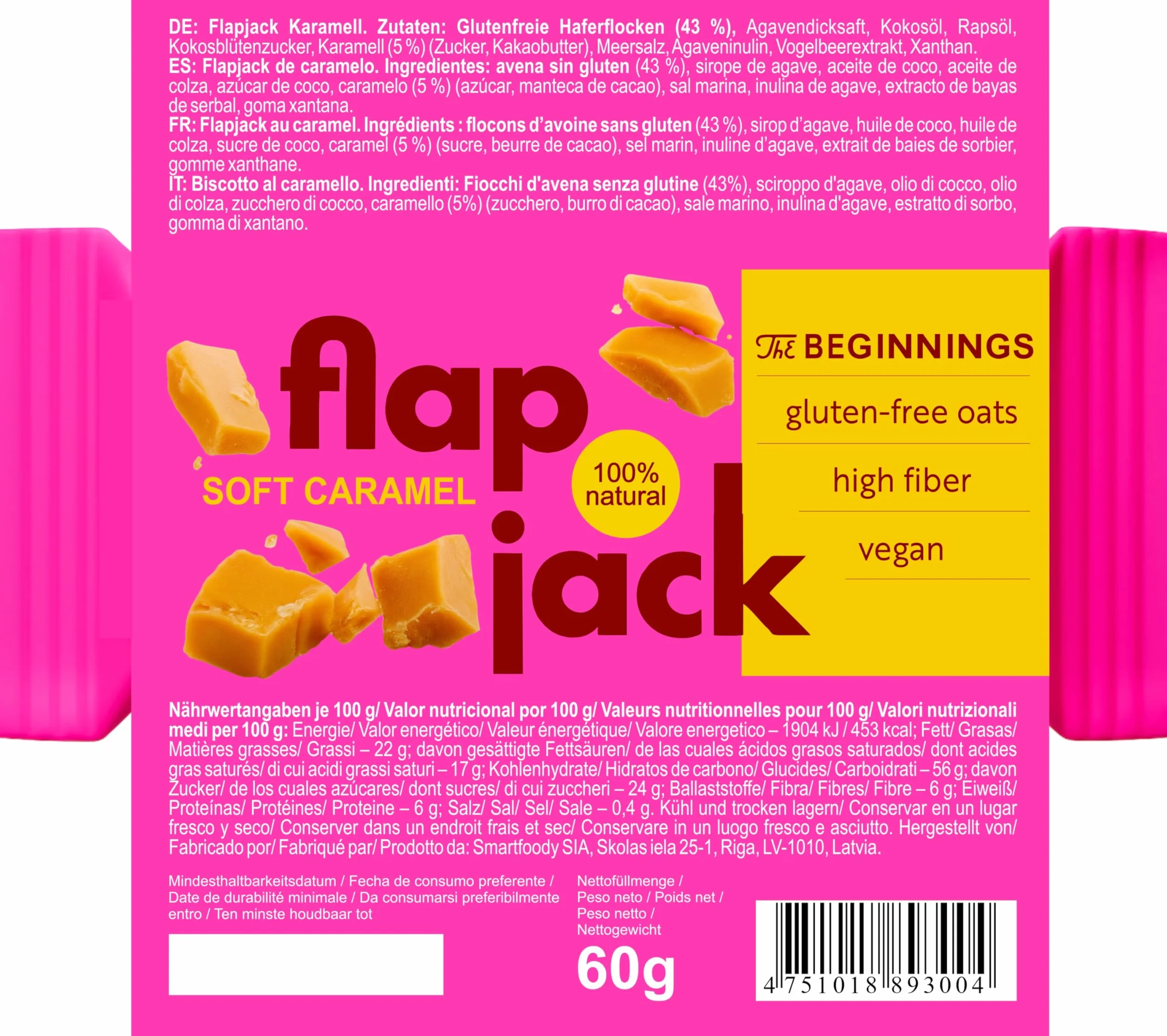 The BEGINNINGS Flapjack Miękki karmel, 10 x 60 g (600 g) – bezglutenowy, wegański baton musli proteinowy owsiany
