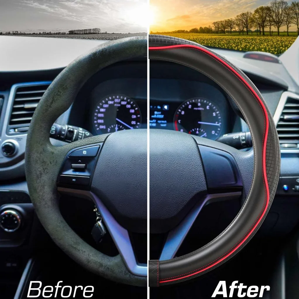 Upgrade4cars Czerwono-Czarny Pokrowiec na Kierownicę Imitacja Skóry | Uniwersalna Nakładka na Kierownicę 37-38 cm na Lato i Zimę | Akcesoria Samochodowe | Prezent dla Niej i Niego