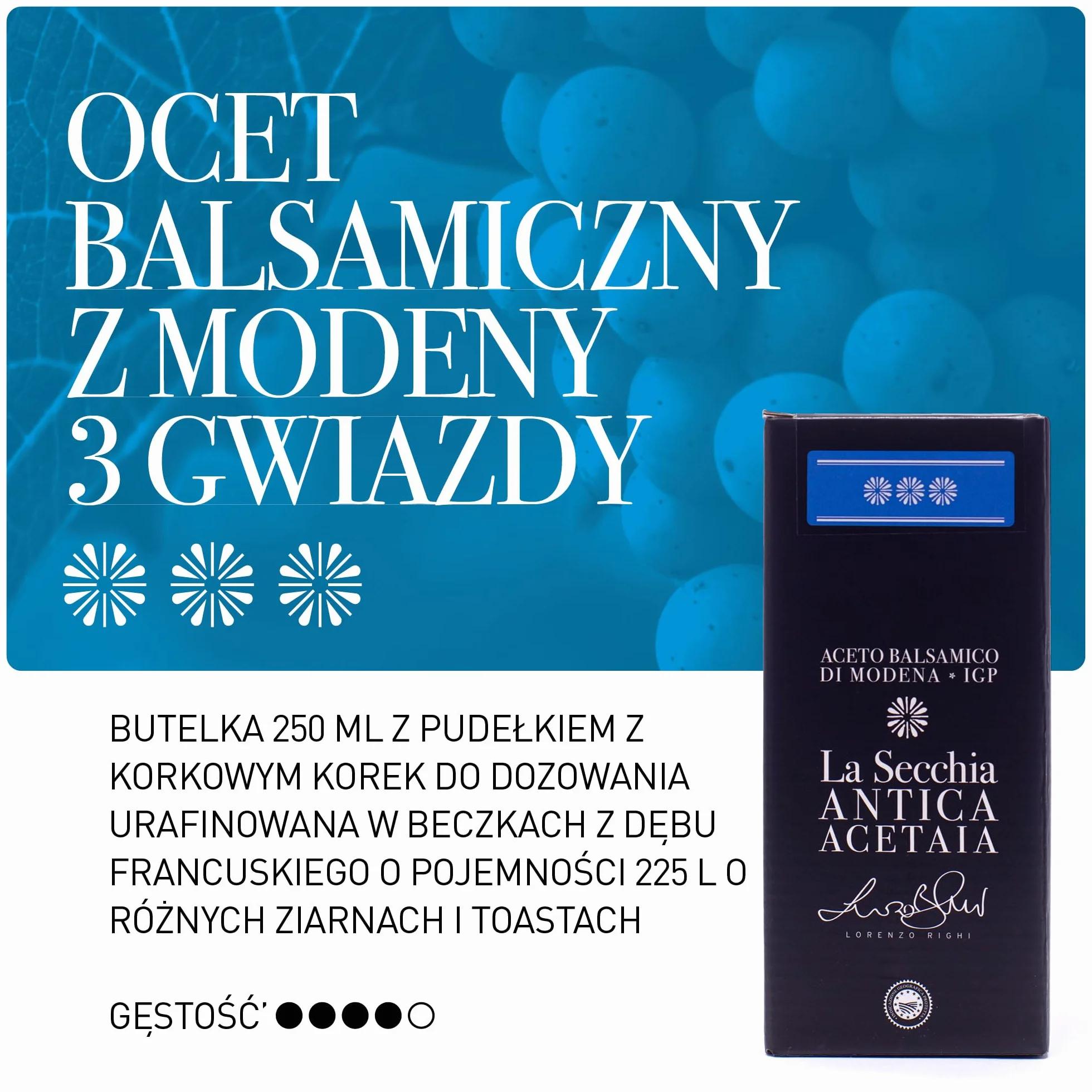 La Secchia - "Tre Stelle" ChOG Ocet Balsamiczny z Modeny, Dojrzewający w 12 Beczkach Wiśniowo-Morwowych, Średniej Gęstości, Butelka 250 ml z Korkiem Dozującym