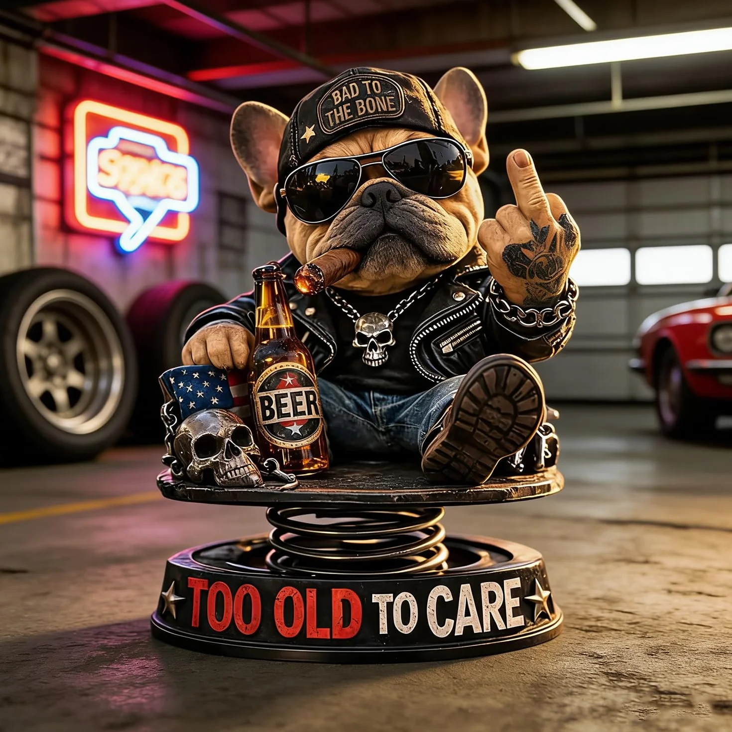Too Old to Care Dashboard Bobblehead, dekoracja deski rozdzielczej buldog środkowy palec