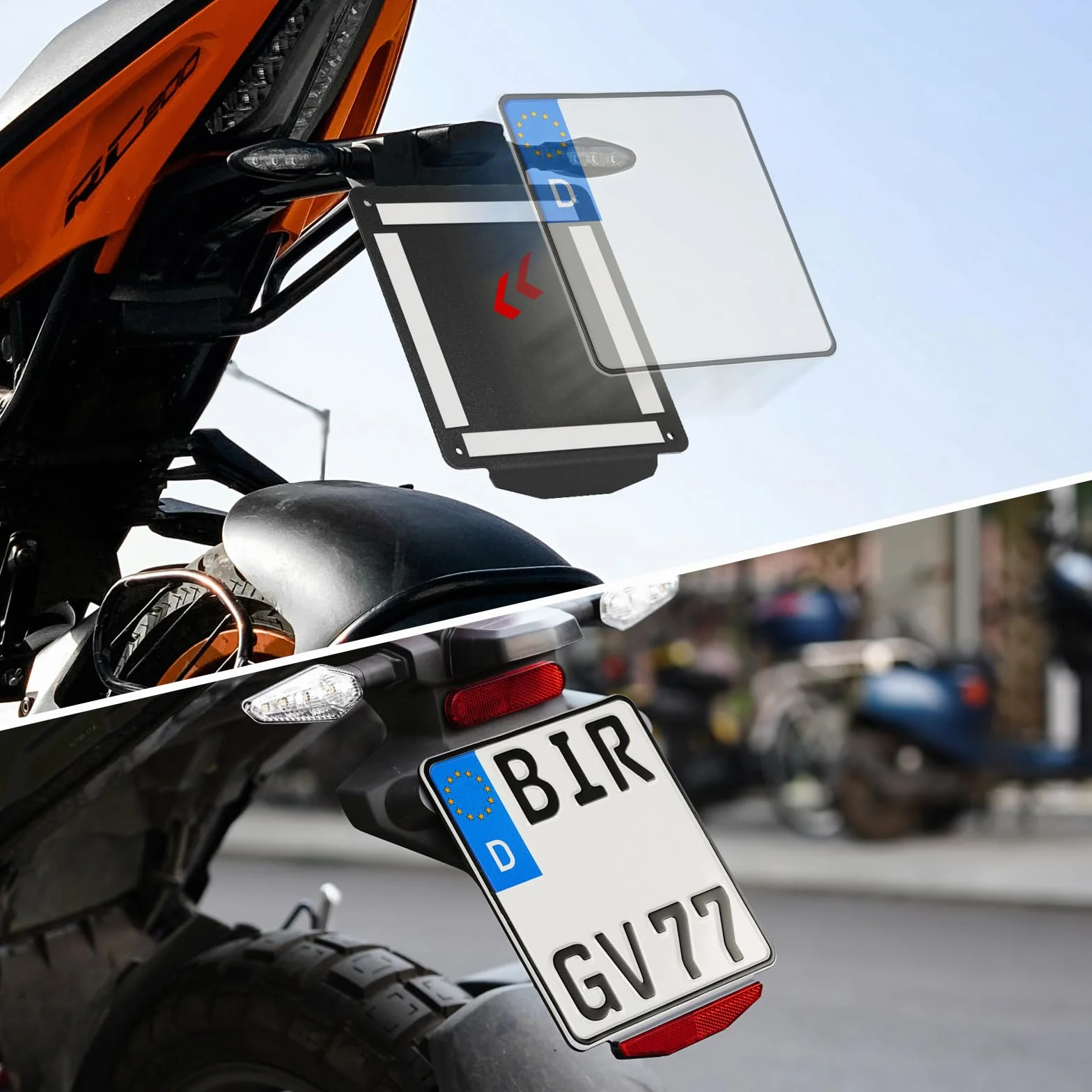 evermotor Uchwyt tablicy rejestracyjnej Moto 180x200mm, aluminiowa ramka na tablicę rejestracyjną motocykla, z tylnymi odblaskowymi kocimi oczami 125 mm 150°