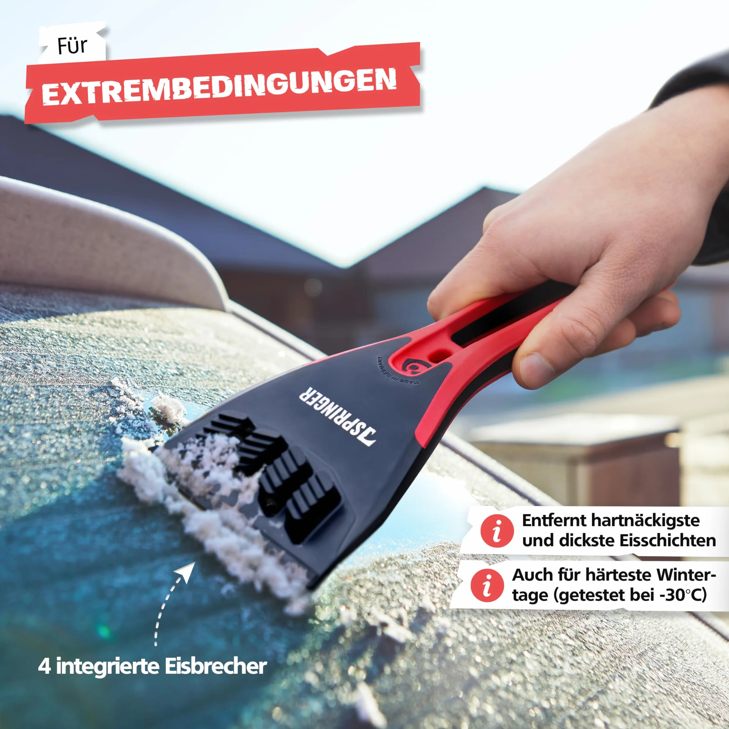 SPRINGER ZX2000 - - Zdrapka do lodu - - Wykonane w Niemczech - - Zdrapka do szyb z mosiężnym ostrzem - - Szczotka do śniegu z funkcją ściągania lodu - - Antypoślizgowa i ergonomiczna zdrapka do szyb