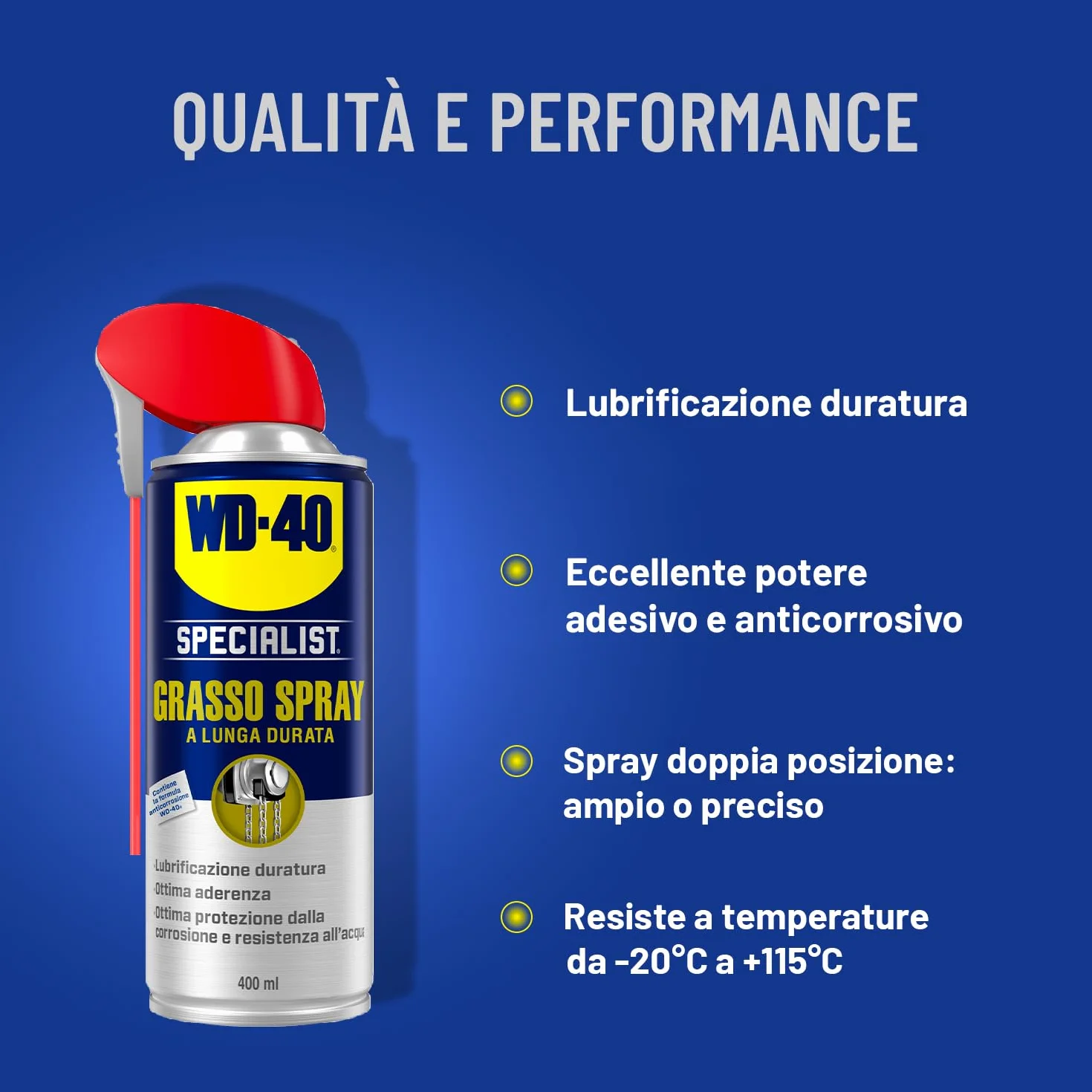 WD-40 - Specjalista – smar w sprayu – długotrwały środek smarny – optymalna przyczepność i szczelność – wysoka odporność na wodę, korozję i temperaturę (-20°C do +115°C) – do wszystkich metali – 400