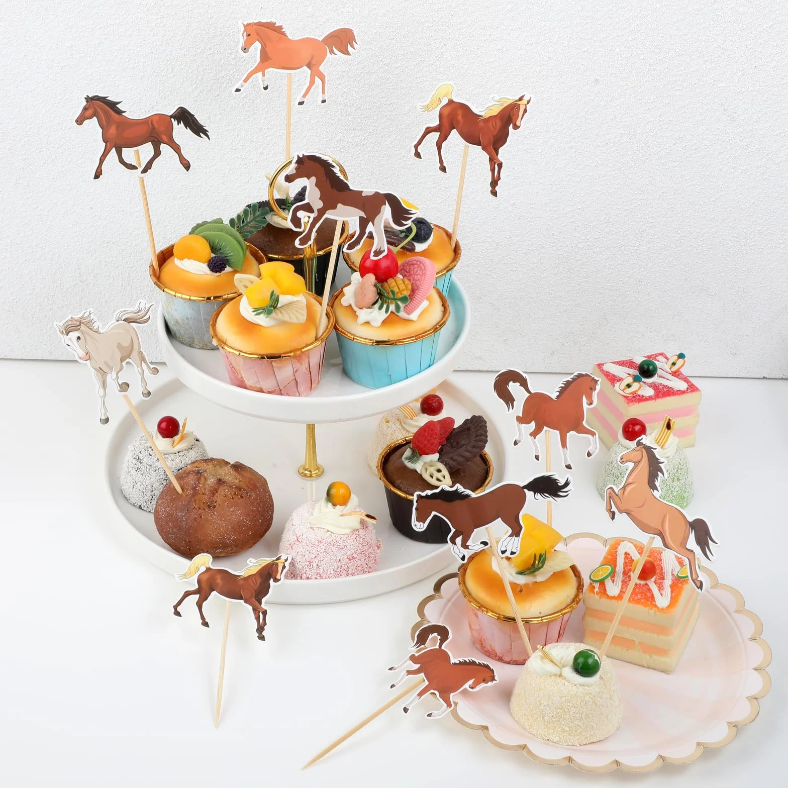 JJUNW Dekoracja urodzinowa z koniem, dekoracja tortu, zwierzę, koń, babeczki, dekoracje imprezowe, nakładki na babeczki na wyścigi konne, baby shower, ślub, artykuły na przyjęcie urodzinowe (16)
