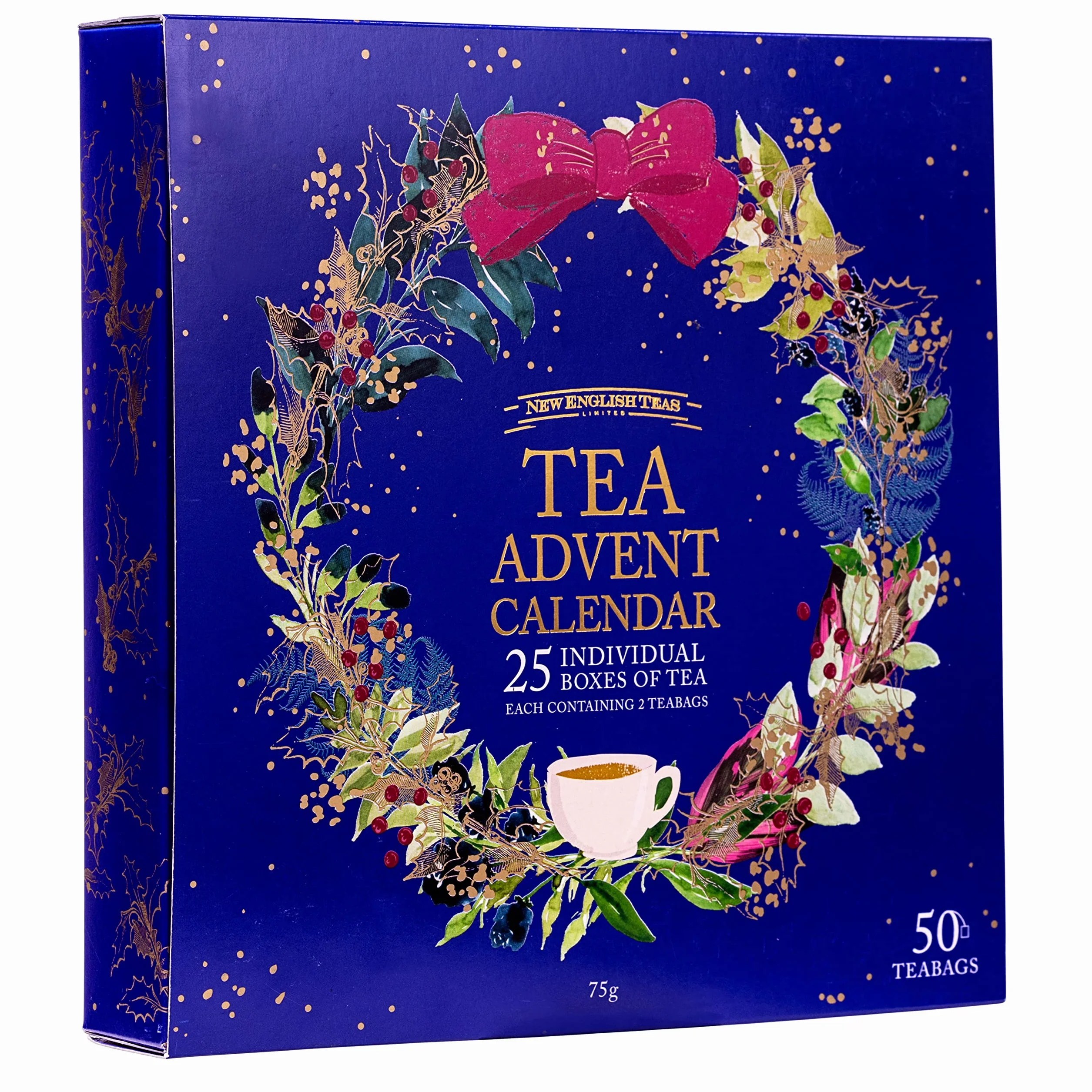 New English Teas Świąteczny kalendarz adwentowy na herbatę, 50 torebek z piramidami, 5 świątecznych mieszanek czarnej herbaty, owoców i ziół