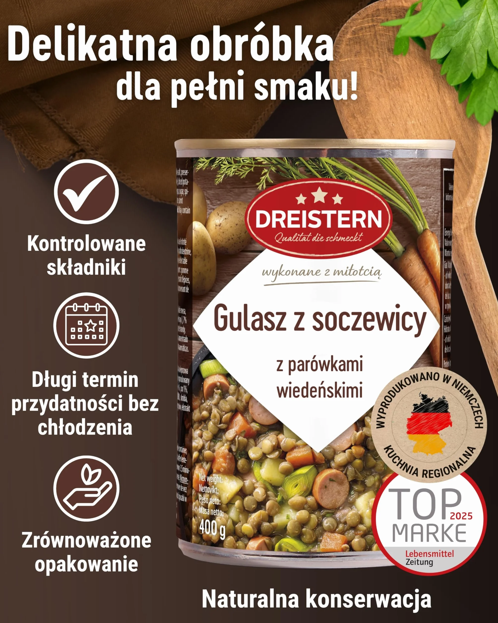 DREISTERN Gulasz z Soczewicy z Kiełbasą Wiedeńską (w Plastrach), Gotowy Posiłek, w Blaszanym Pudełku, Jakość, Która Dobrze Smakuje