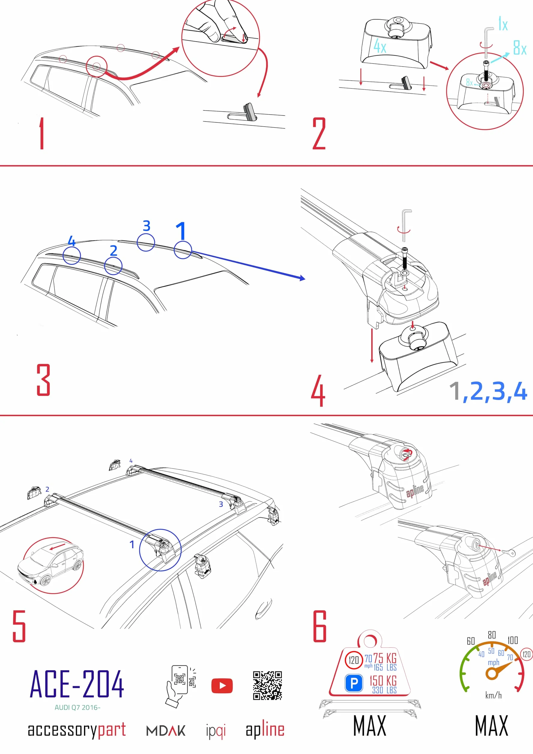 Bagażnik dachowy na relingi kompatybilny z Audi Q7 (4M) 2016-2024, model ACE-2, szary