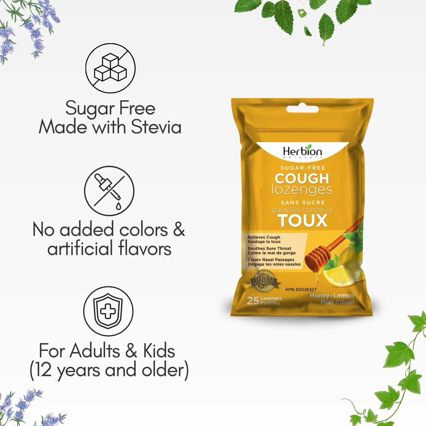 Herbion Naturals Krople na kaszel bez cukru o naturalnym smaku miodowo-cytryny, 25 sztuk, szybka pomoc w przypadku kaszlu, bólu gardła i zaparcia nosa, dla dorosłych i dzieci od 12 lat
