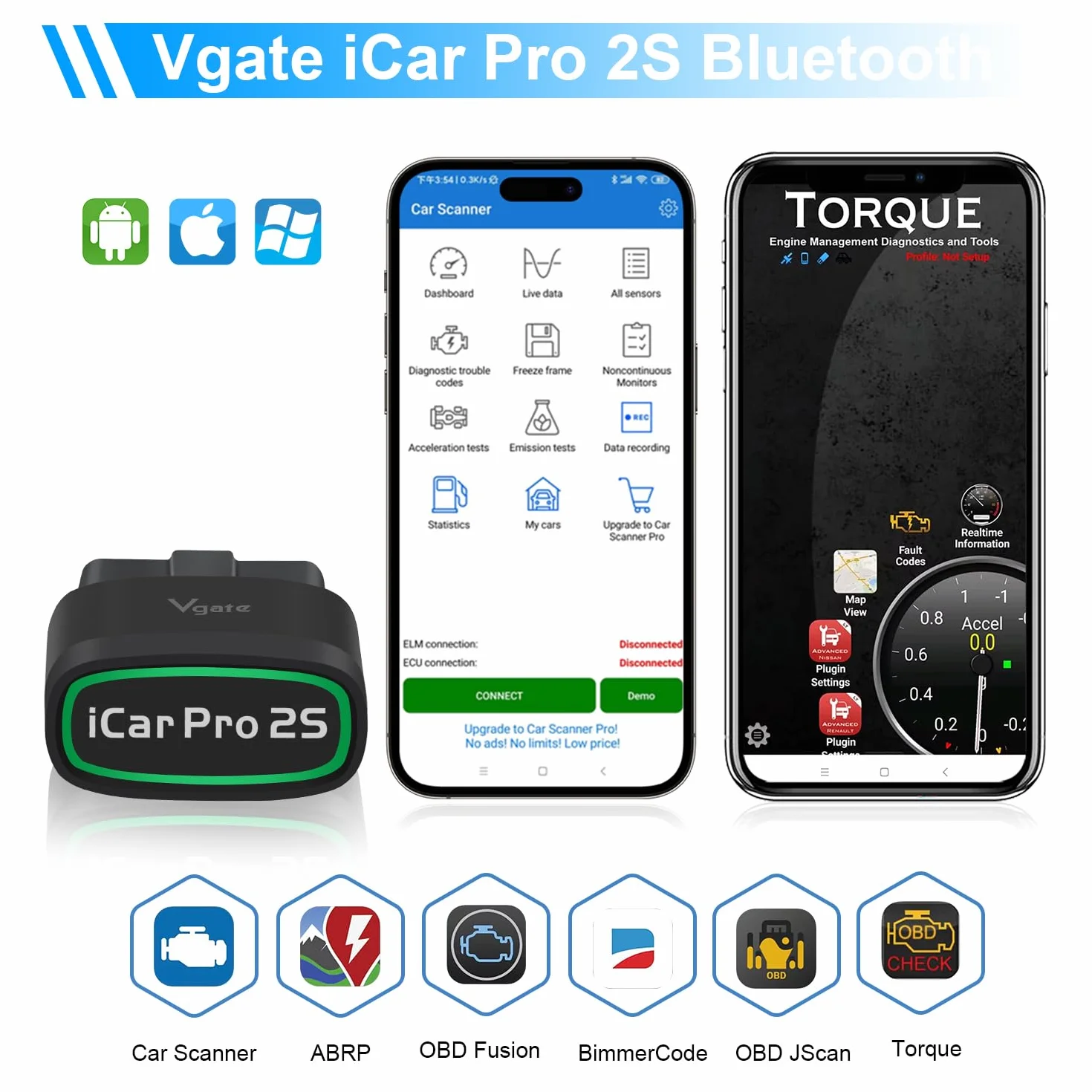 Vgate iCar Pro 2S Bluetooth OBD2 narzędzie diagnostyczne do systemów iOS, Android i Windows, narzędzie do skanowania samochodu obsługuje pojazdy elektryczne i hybrydowe
