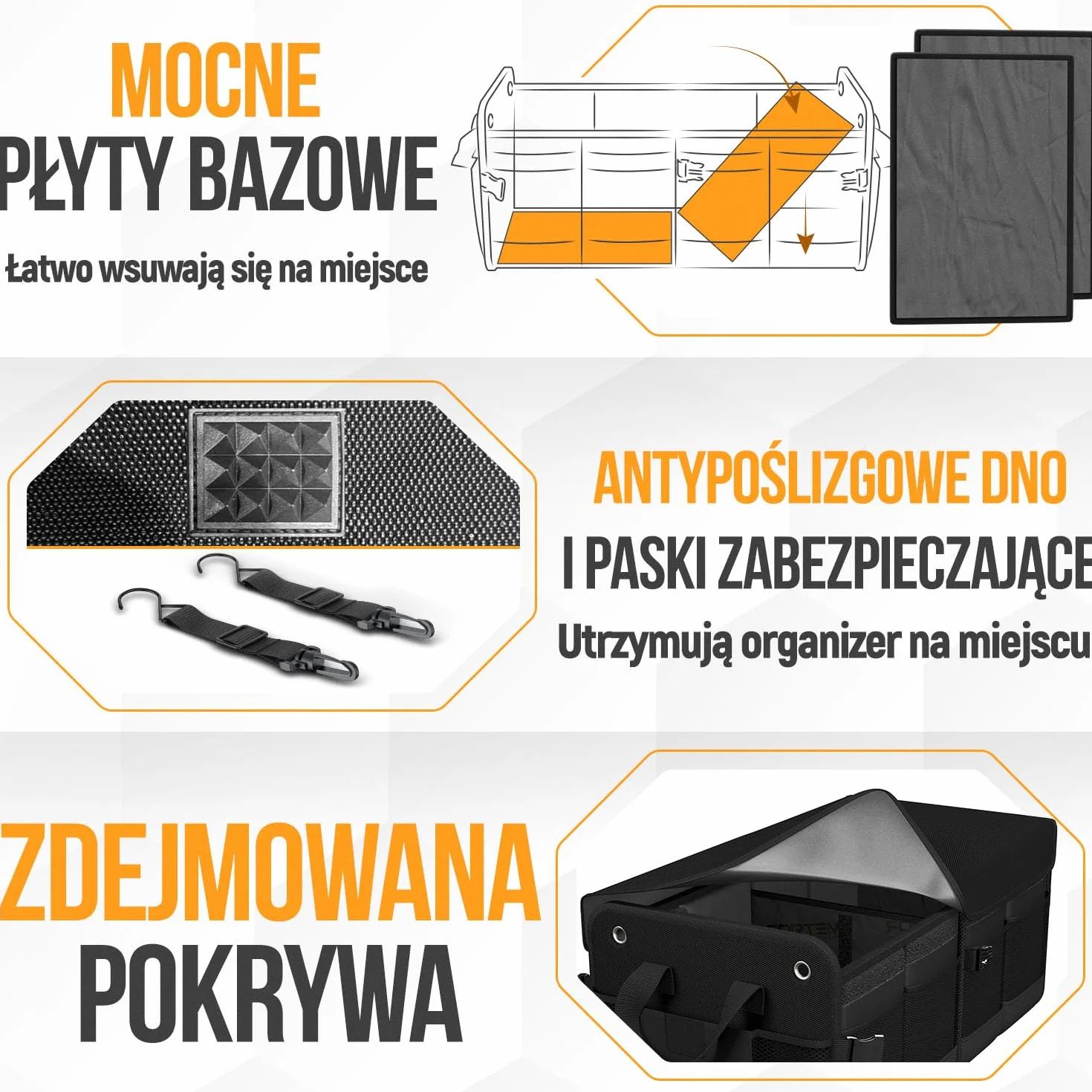FORTEM Organizer Bagażnika Samochodowego SUV, Składany z Przegródkami, Antypoślizgowy Spód, Regulowane Pasy Mocujące, Składana Pokrywa, Praktyczne Przechowywanie Akcesoriów (65L)