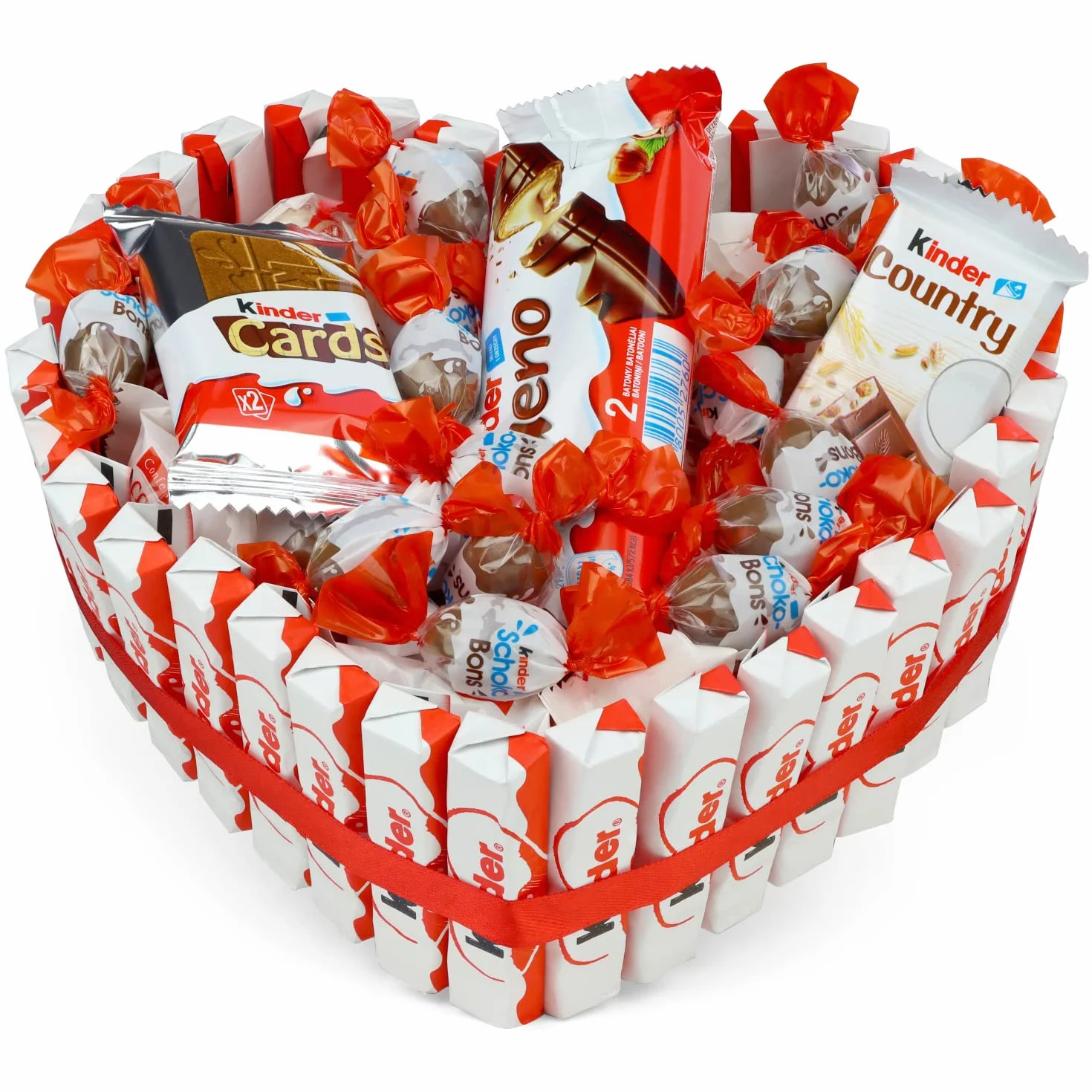 Tort z kinder czekoladek w kształcie serca wyłełniony cukierkami Kinder Bueno, Schoko Bons, Kinder Cards, Kinder Country i Raffaello, prezent na urodziny, Mikołaja, pod choinkę