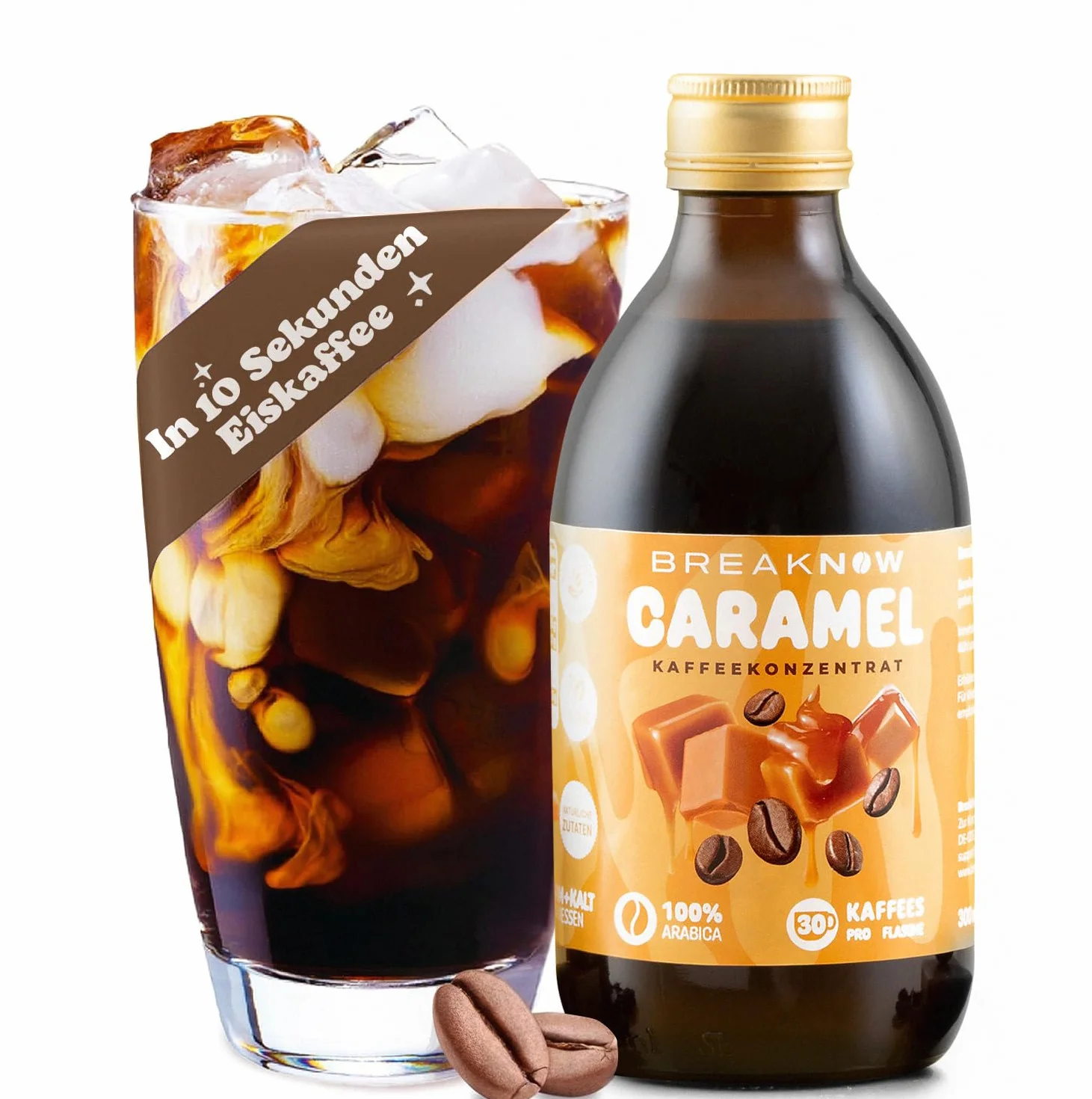 BreakNow – Caramel Macchiato – koncentrat kawy – o pysznym karmelowym aromacie – syrop kawowy, do kawy mrożonej, Cold Brew, Cappuccino, Frappé itd. – kawa gotowa w zaledwie 10 sekund – 1 butelka = 30
