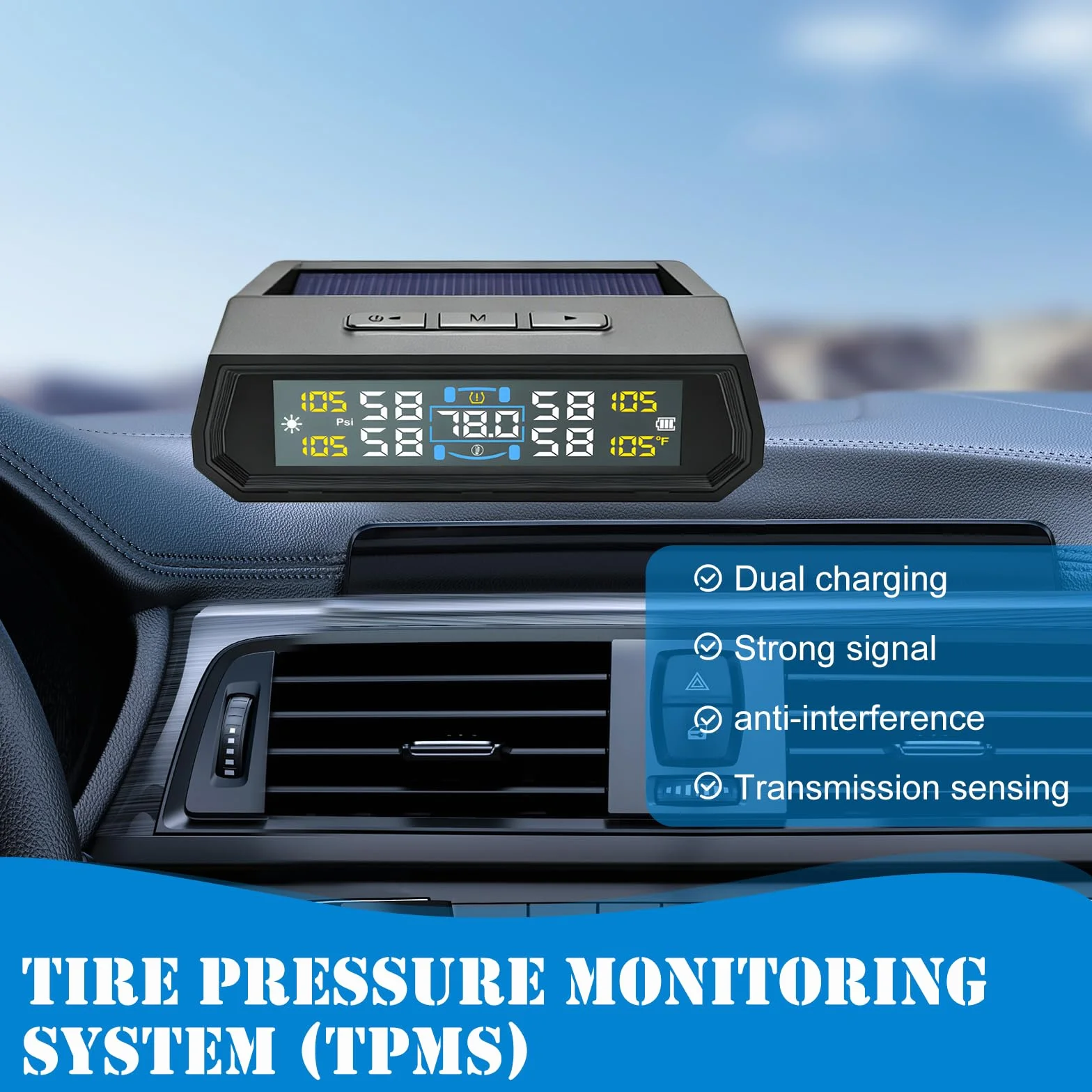 TPMS system kontroli ciśnienia w oponach, zasilany energią słoneczną, cyfrowy system kontroli ciśnienia w oponach TPMS z 4 czujnikami zewnętrznymi, wodoszczelność IPX7, mini monitorowanie ciśnienia w