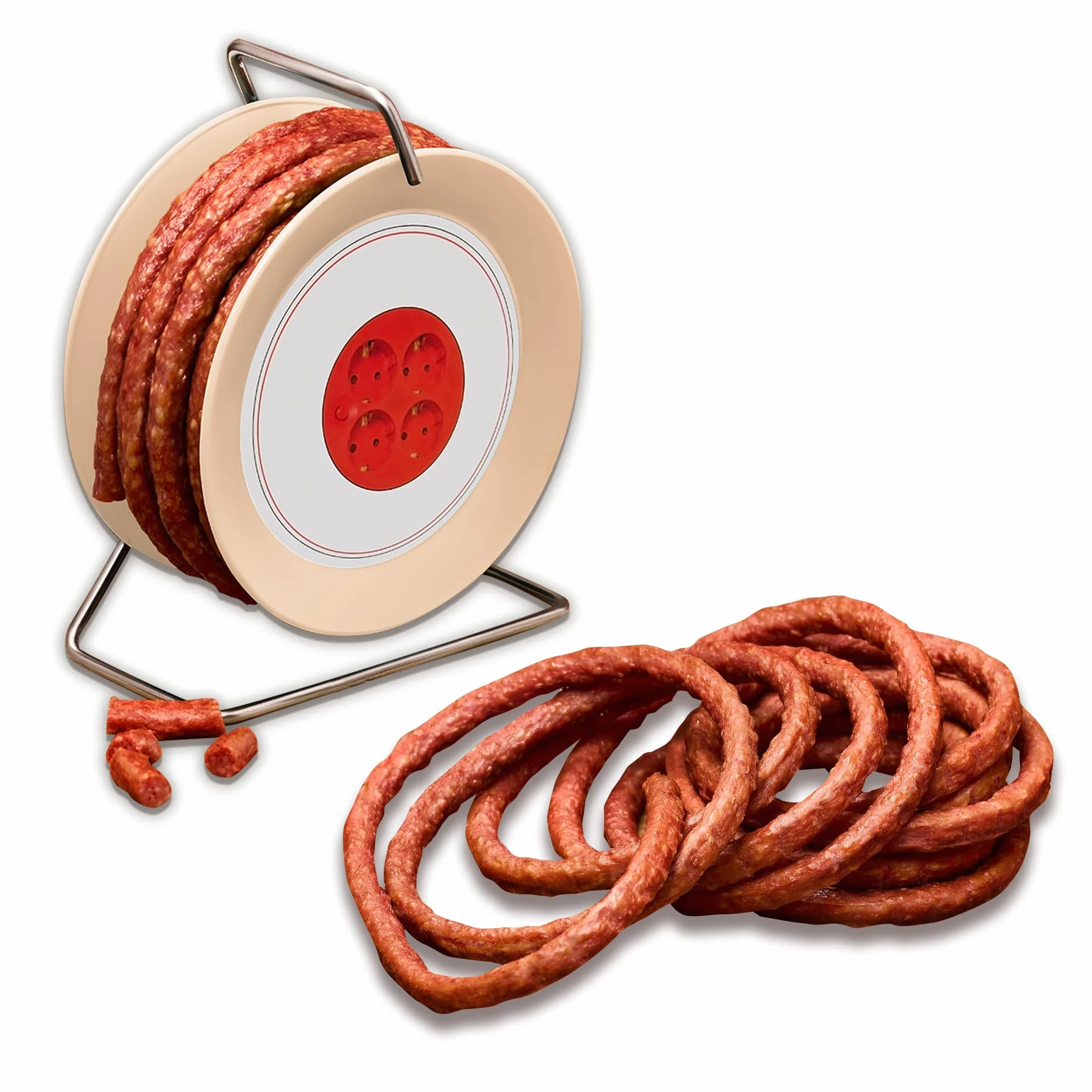 WURSTBARON® Bęben kablowy z kiełbasą, 3,5 m pysznej kiełbasy krakowskiej, w opakowaniu uzupełniającym, wysoka jakość i smak wędzenia, zabawny prezent, 2 x 240 g