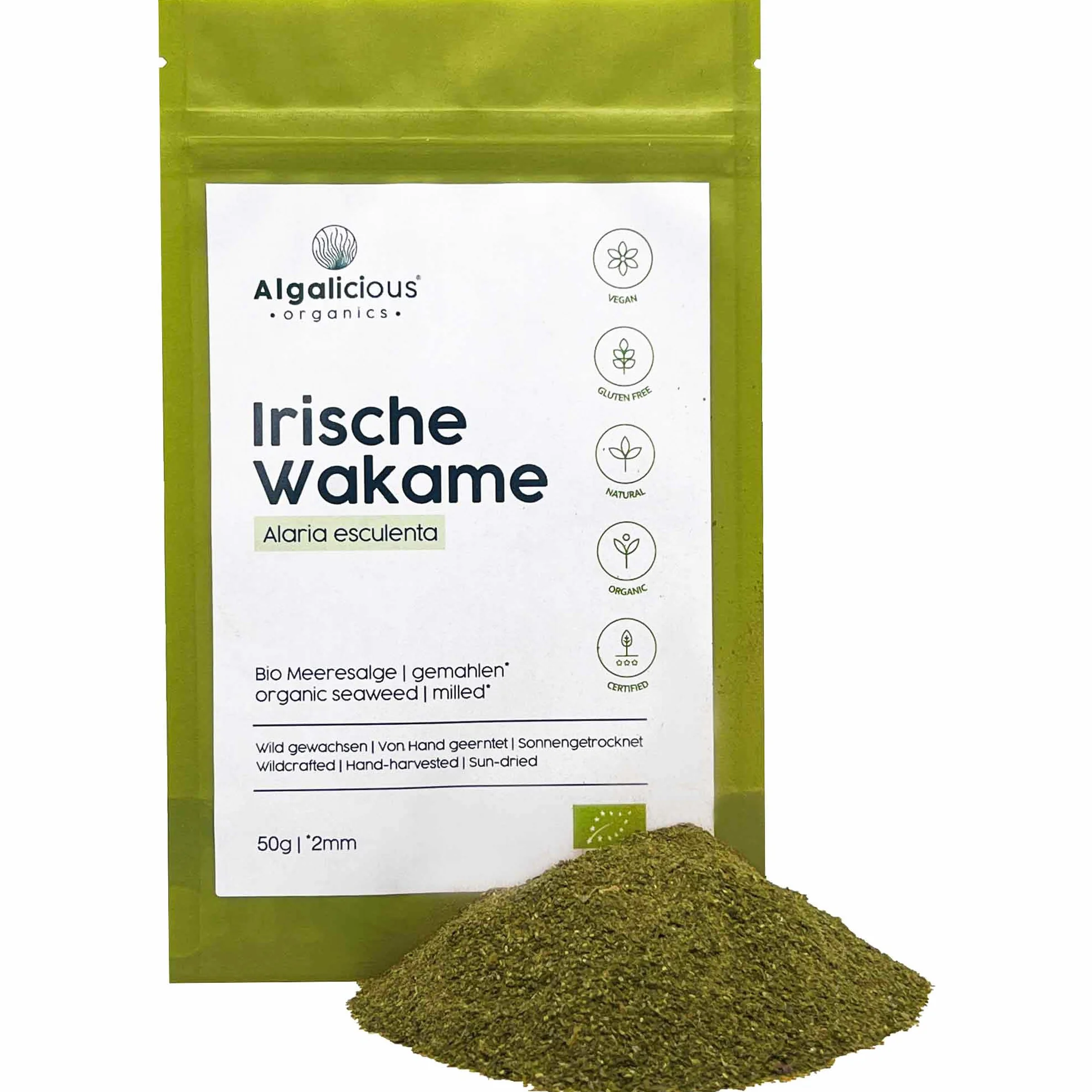 ALGALICIOUS Bio Wakame Płatki | 50 g certyfikowanych irlandzkich wodorostów 2 mm | Francuska kontrola jakości | zrównoważone ręczne zbieranie