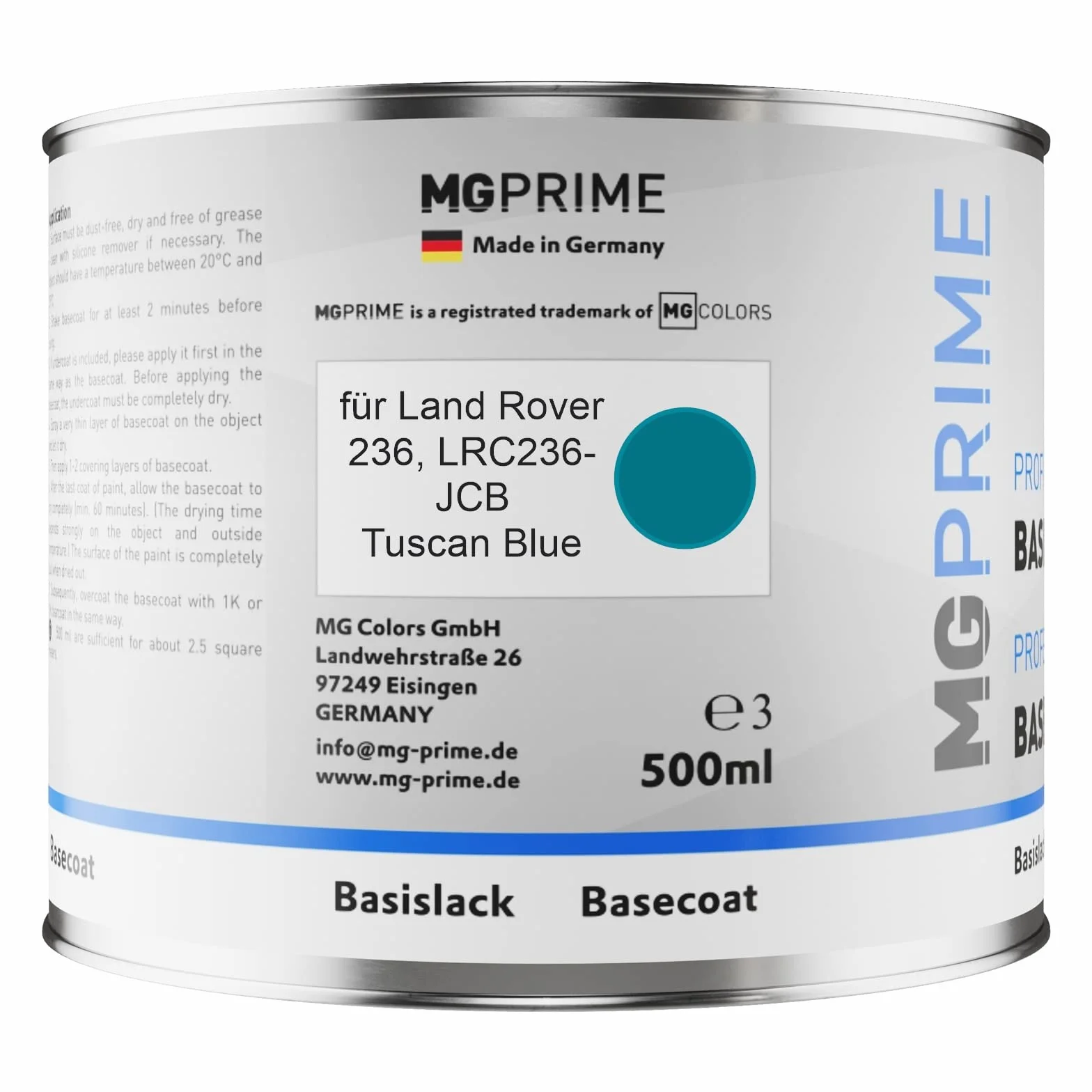 MG PRIME Lakier samochodowy Puszka gotowa do natrysku dla Land Rover 236 / LRC236-JCB Tuscan Blue Lakier bazowy 0,5 litra 500ml